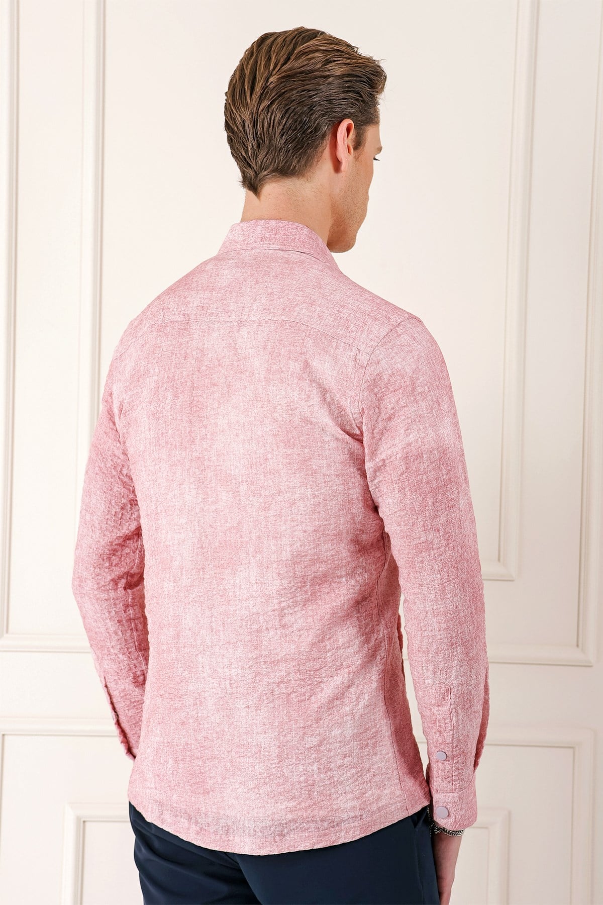 Comfort Fit Yan Cep Batik Desenli %100 Pamuk Çıtçıtlı Pudra Gömlek Ceket G 1568