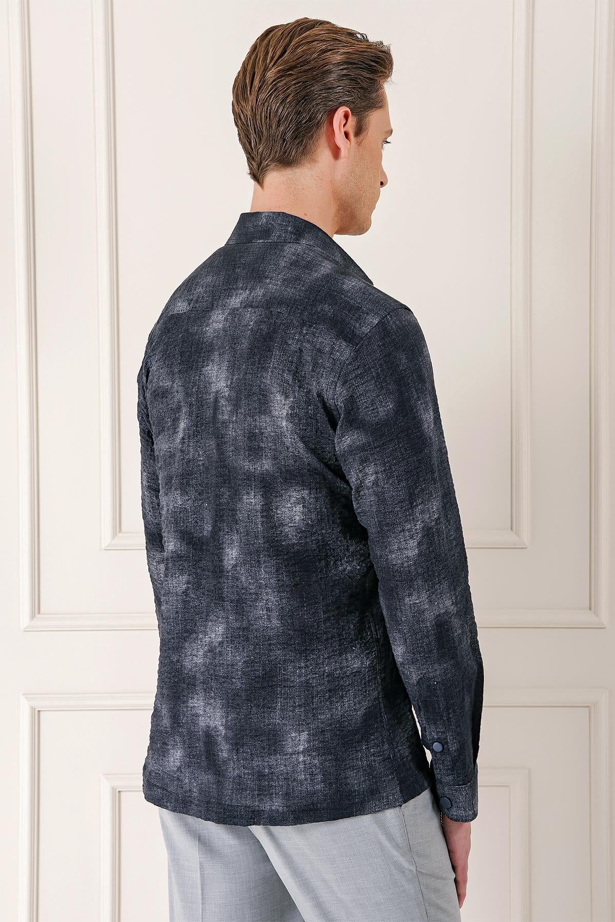 Comfort Fit Yan Cep Batik Desenli %100 Pamuk Çıtçıtlı Siyah Gömlek Ceket G 1568