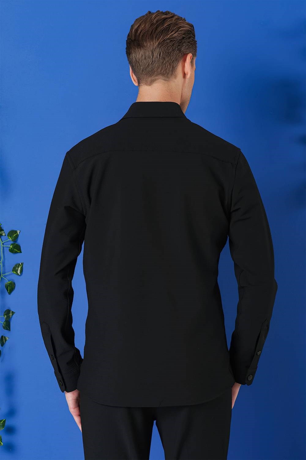 Comfort Fit Yan Cep Çıtçıtlı Esnek Pamuk Siyah Gömlek Ceket G 1565