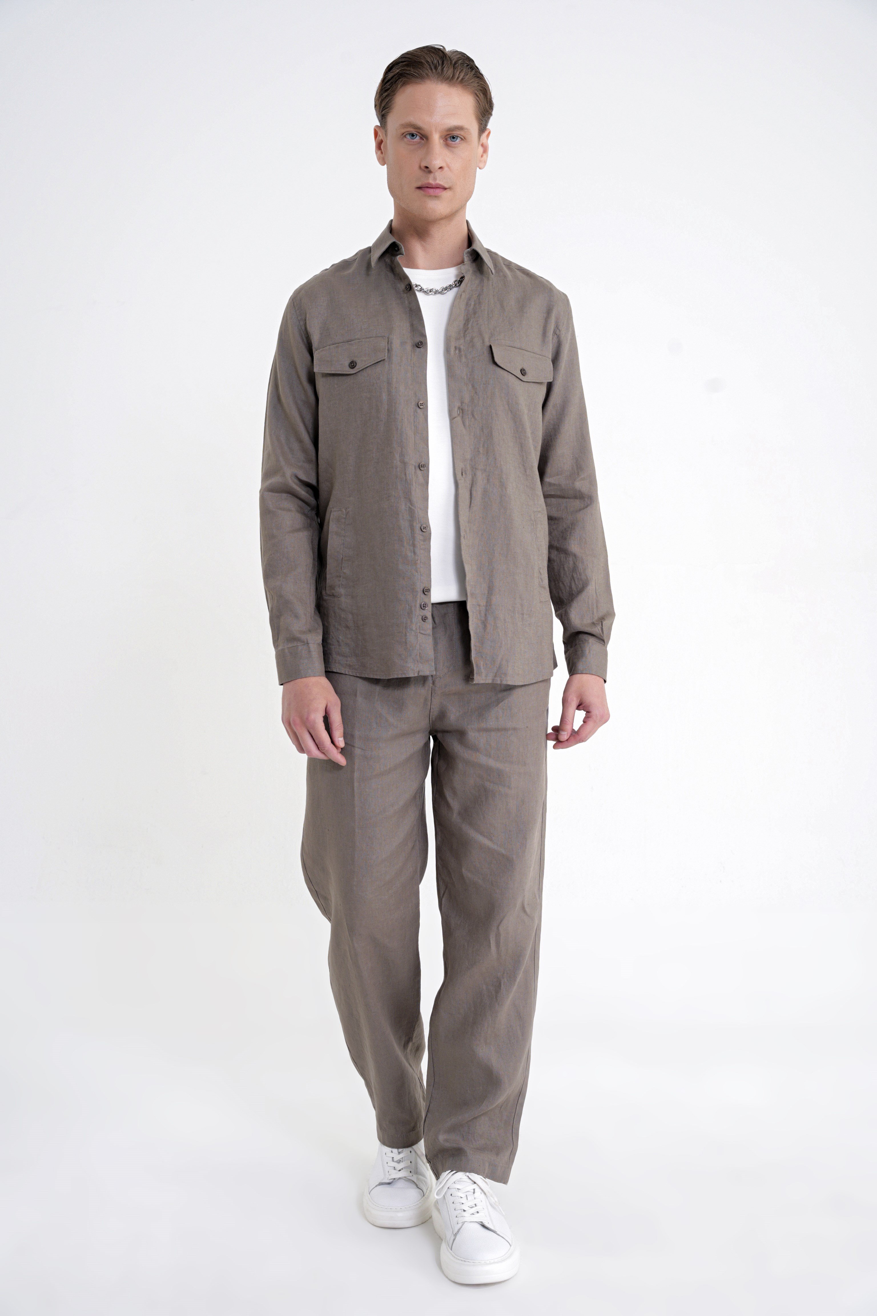 Comfort Fit Yan Cepli %100 Keten Haki Gömlek Ceket G 1602
