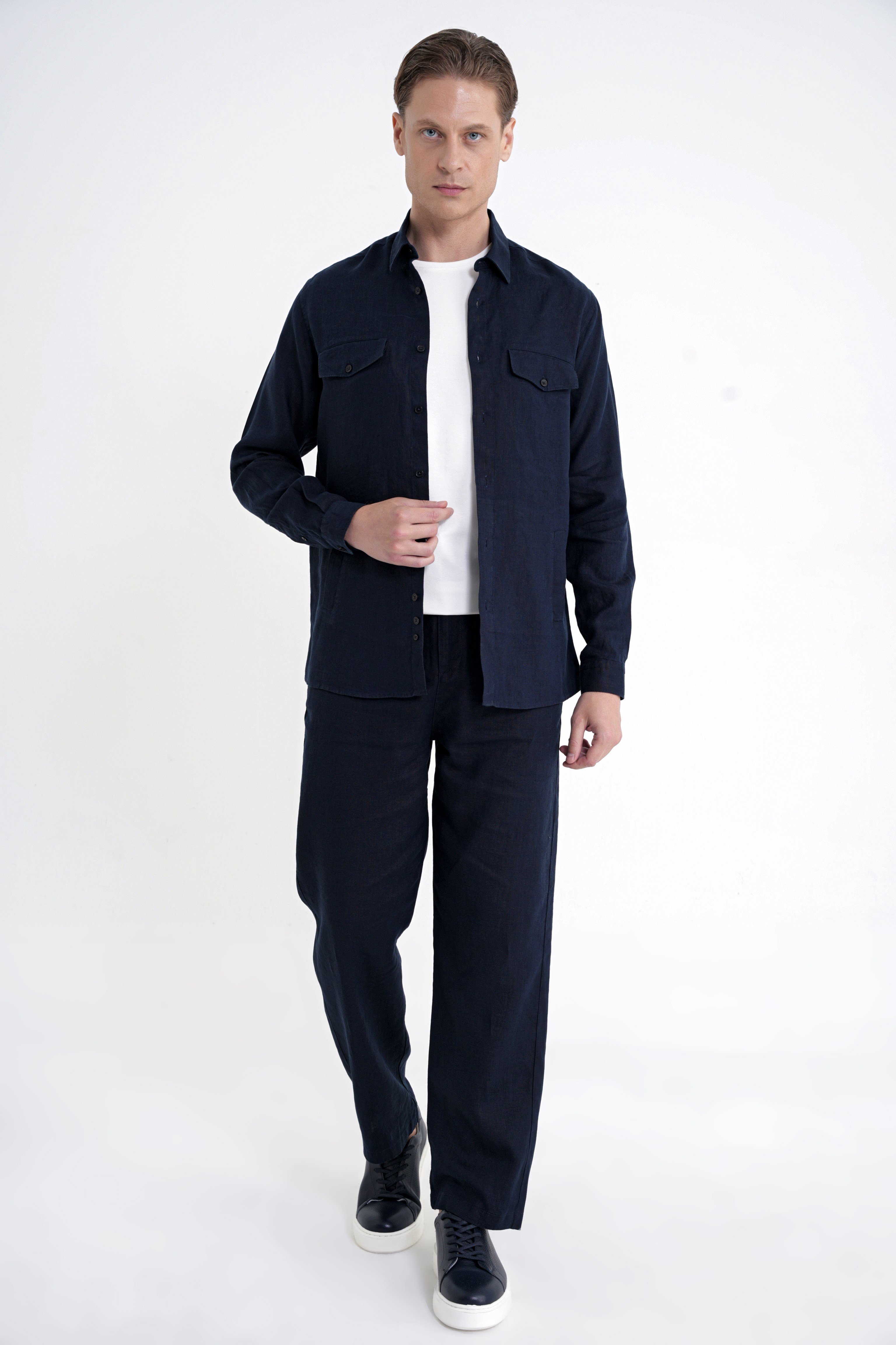 Comfort Fit Yan Cepli %100 Keten Lacivert Gömlek Ceket G 1602