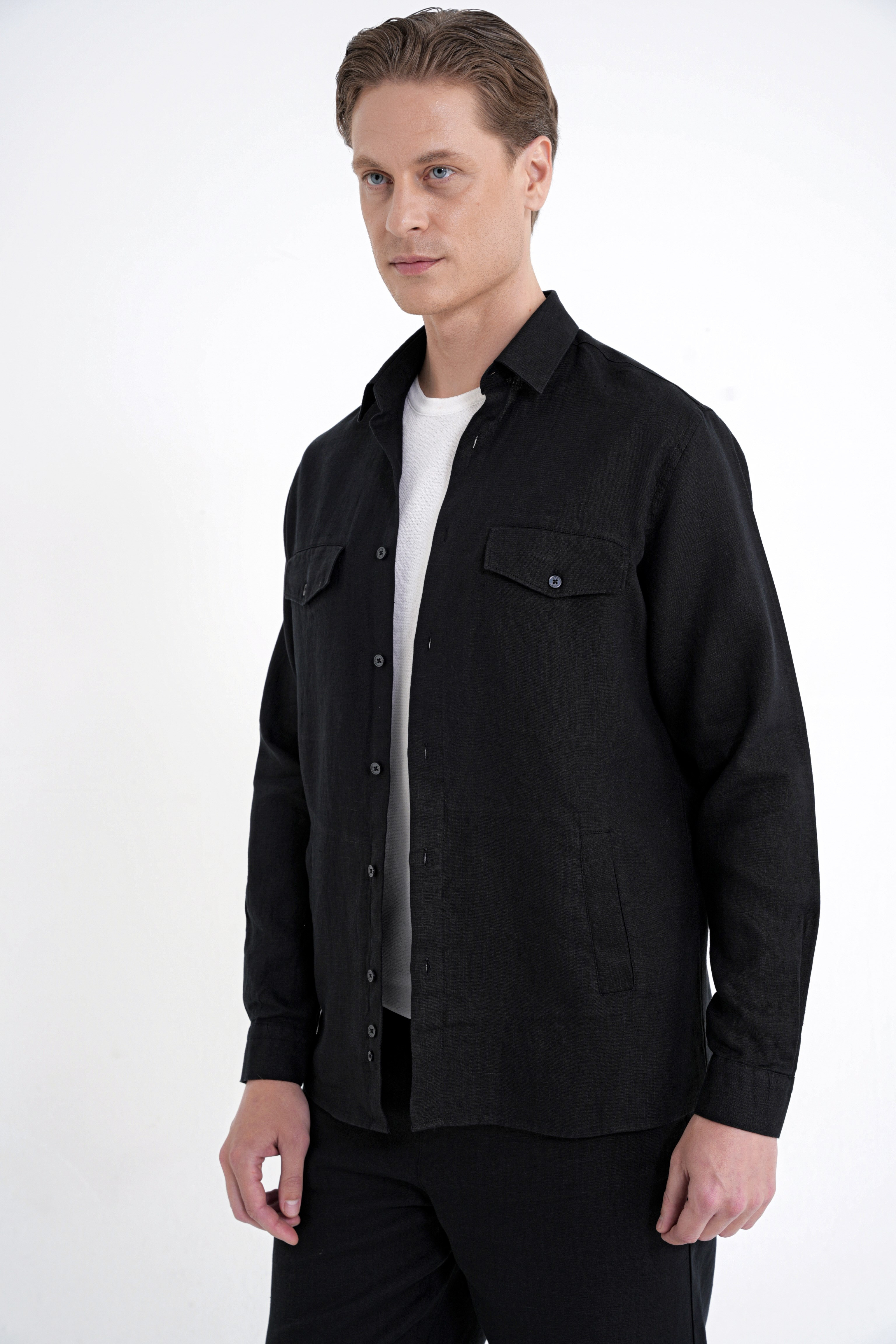 Comfort Fit Yan Cepli %100 Keten Siyah Gömlek Ceket G 1602
