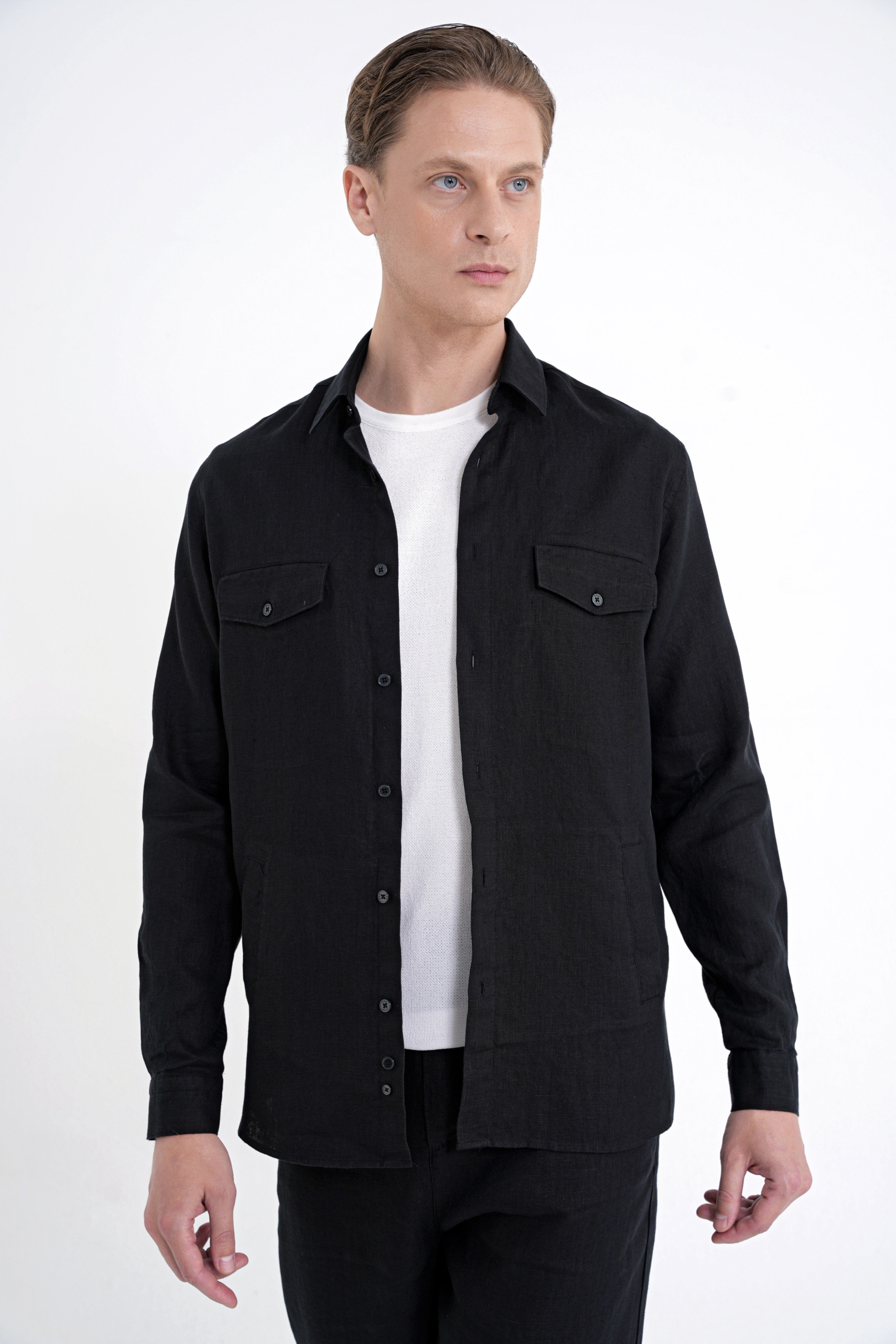 Comfort Fit Yan Cepli %100 Keten Siyah Gömlek Ceket G 1602
