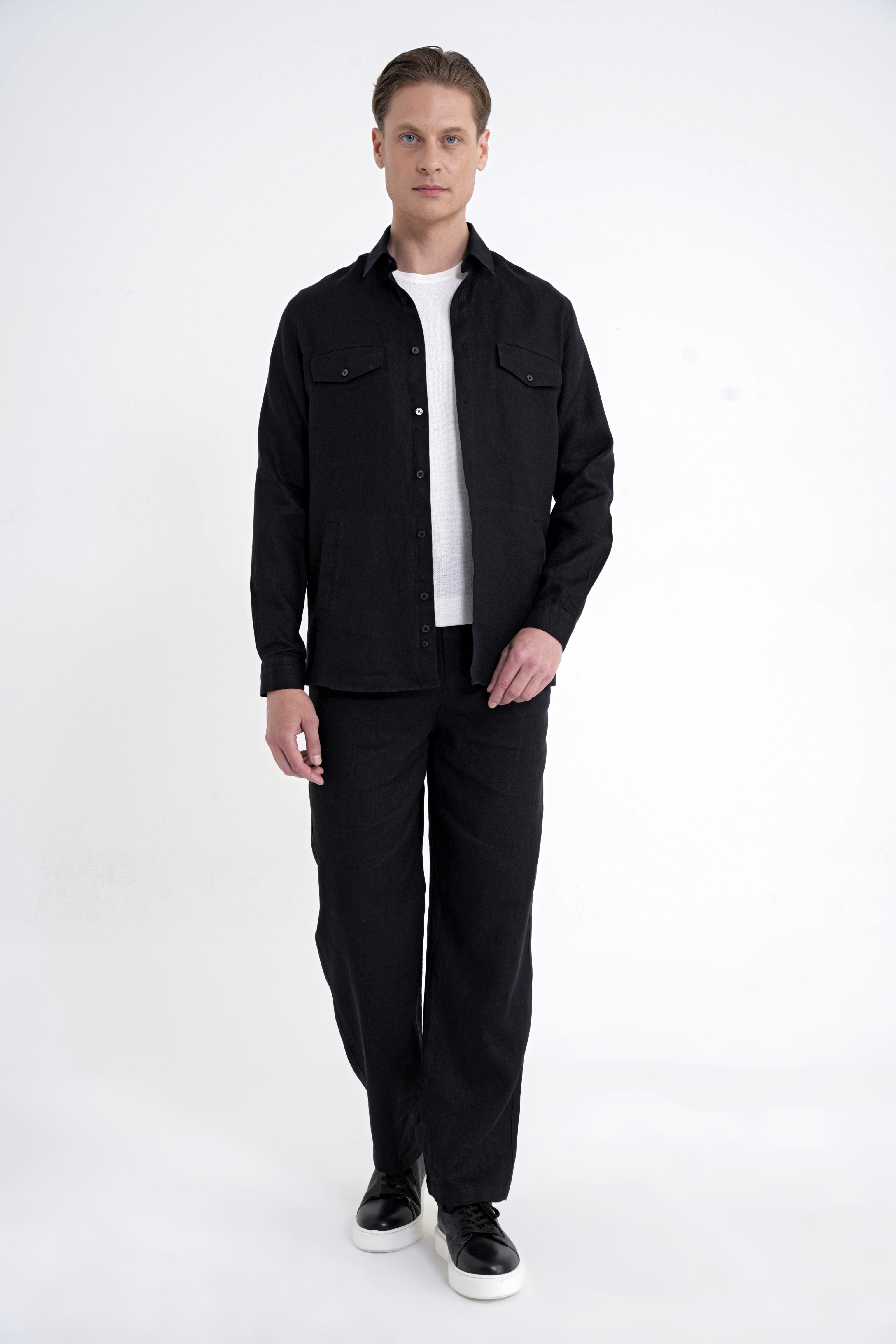 Comfort Fit Yan Cepli %100 Keten Siyah Gömlek Ceket G 1602
