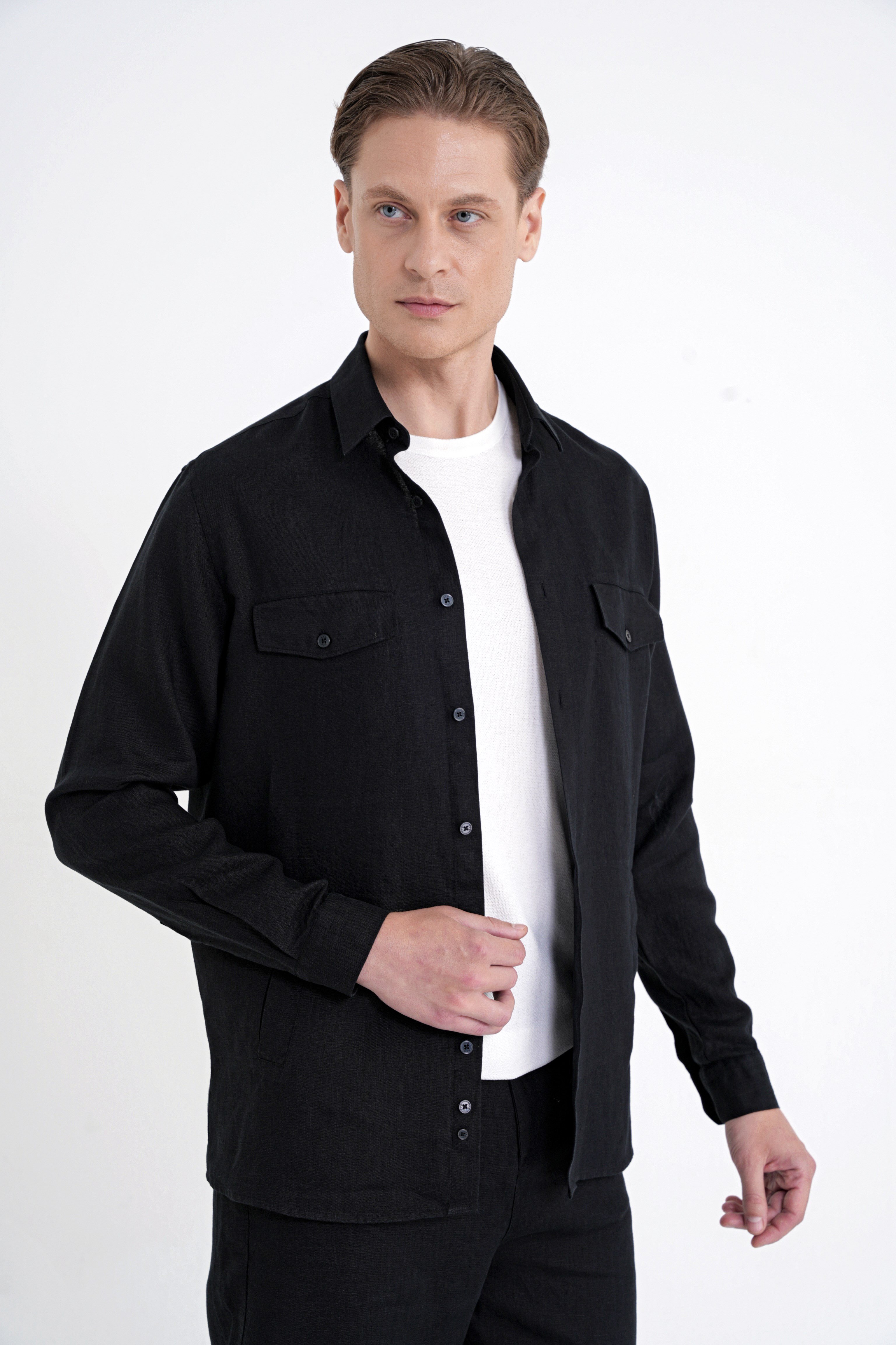 Comfort Fit Yan Cepli %100 Keten Siyah Gömlek Ceket G 1602