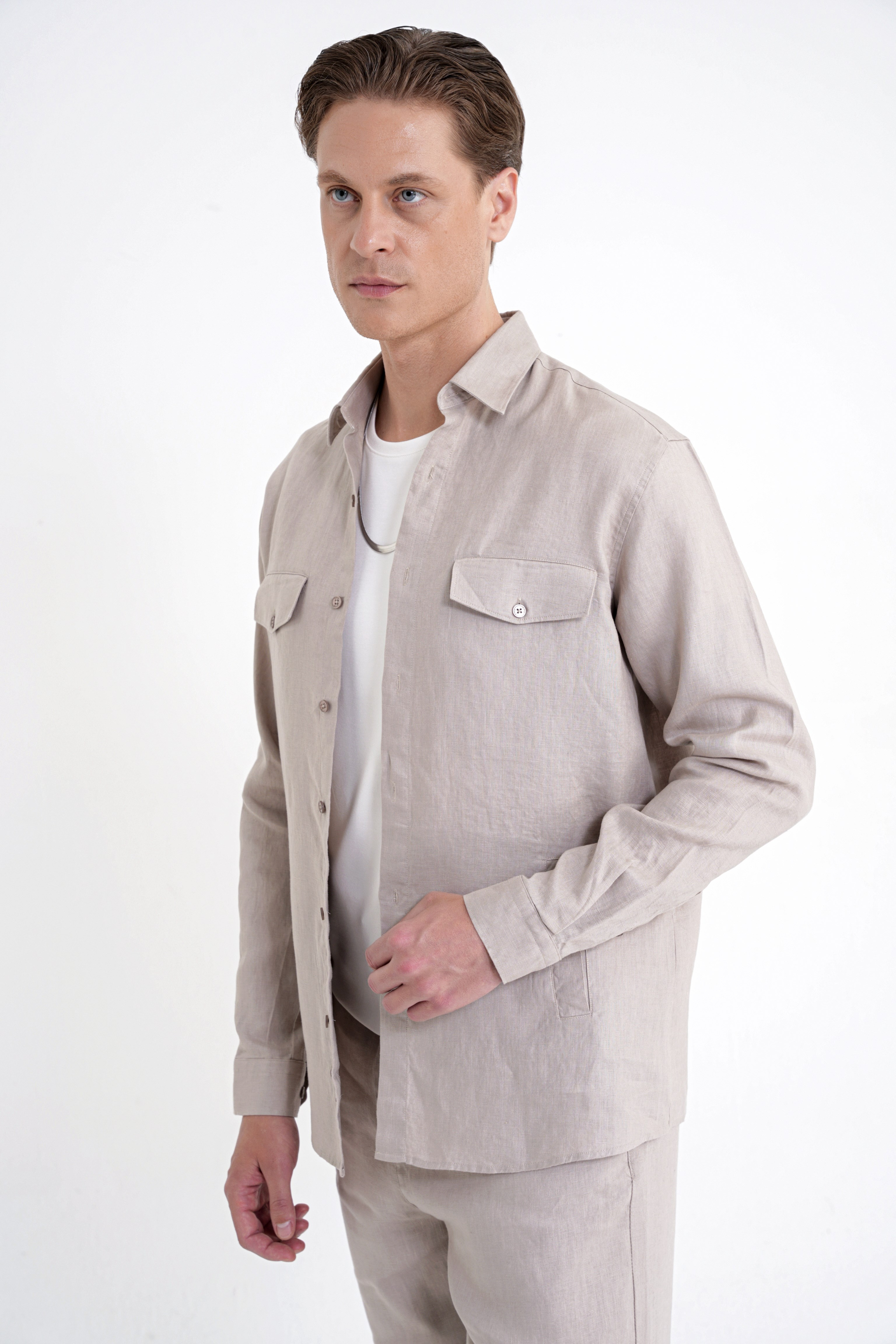 Comfort Fit Yan Cepli %100 Keten Taş Gömlek Ceket G 1602
