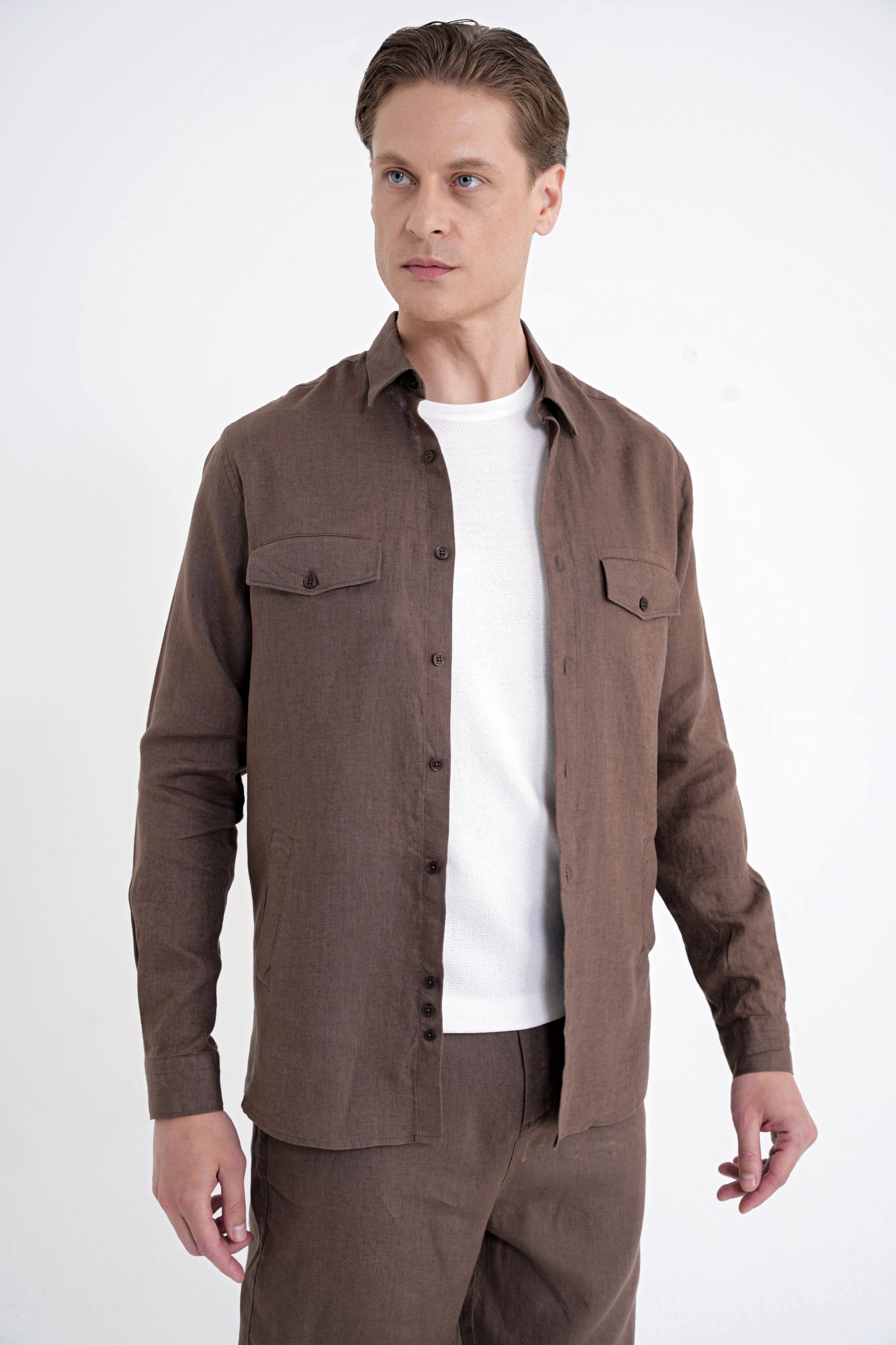 Comfort Fit Yan Cepli %100 Keten Vizon Gömlek Ceket G 1602