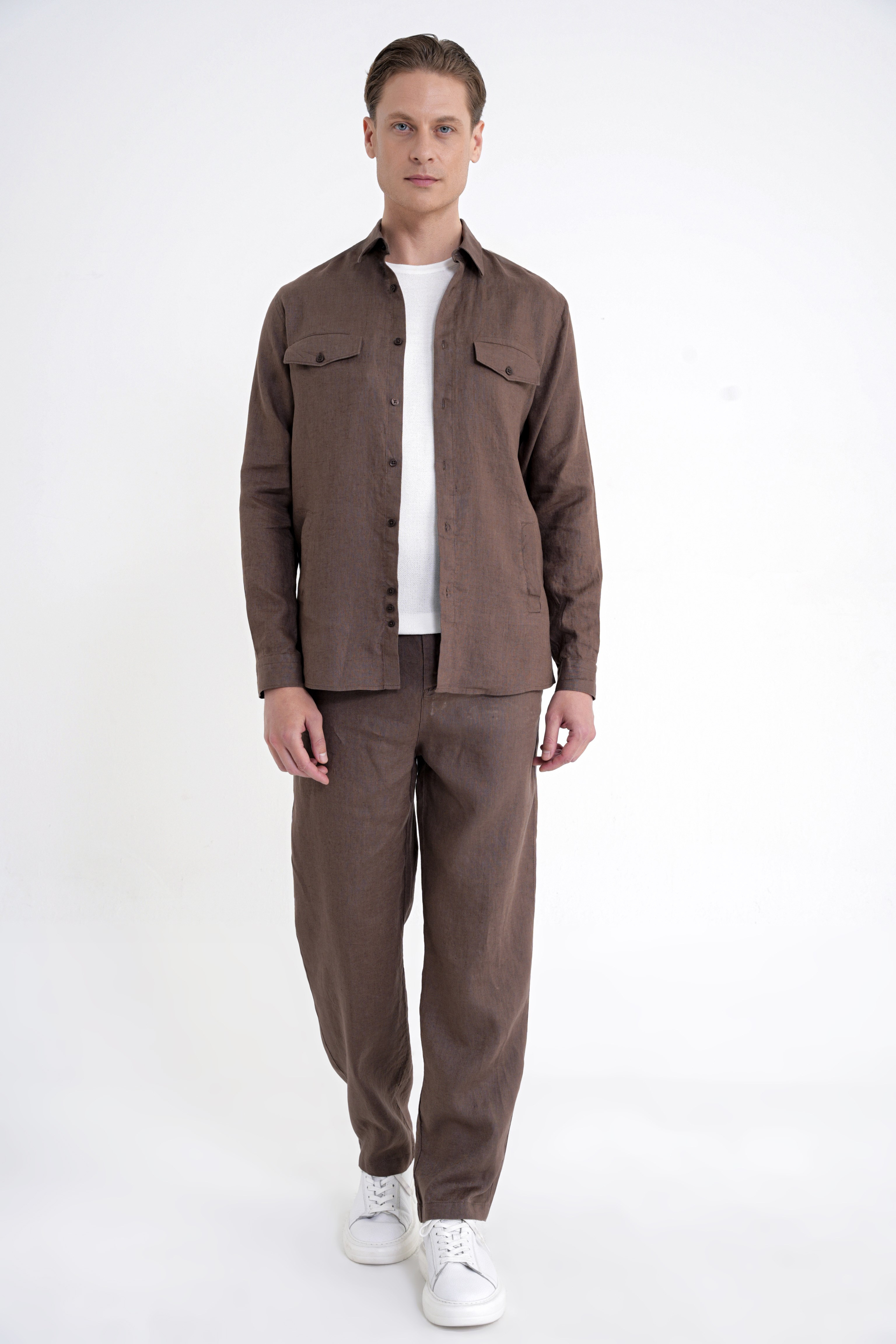 Comfort Fit Yan Cepli %100 Keten Vizon Gömlek Ceket G 1602