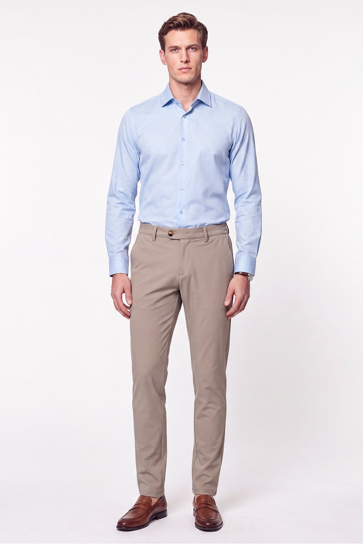 Comfort Fit Yan Cepli Beli Lastikli Esnek Pamuk Koyu Bej Jogger Pantolon P 1223