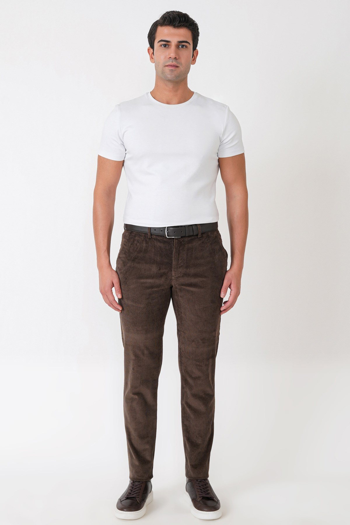 Comfort Fit Yan Cepli Dikine Fitilli Esnek Kahverengi Kadife Pantolon P 1235