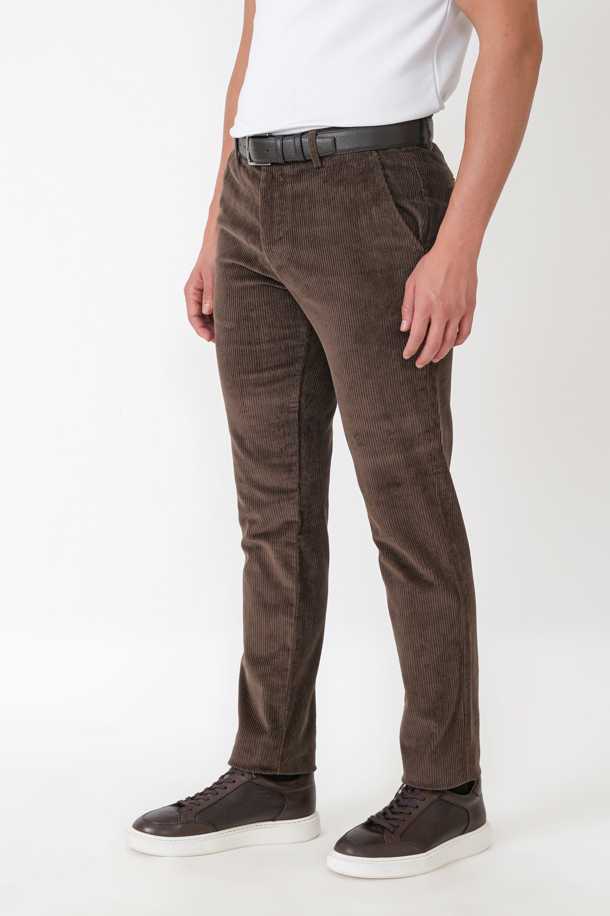 Comfort Fit Yan Cepli Dikine Fitilli Esnek Kahverengi Kadife Pantolon P 1235