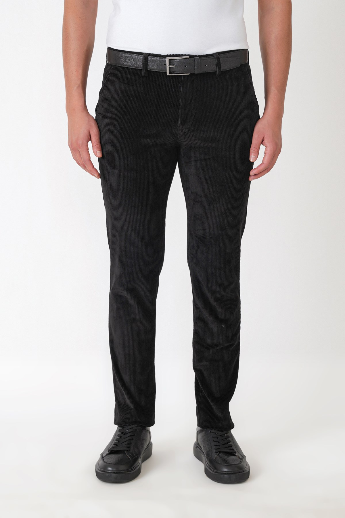 Comfort Fit Yan Cepli Dikine Fitilli Esnek Siyah Kadife Pantolon P 1235