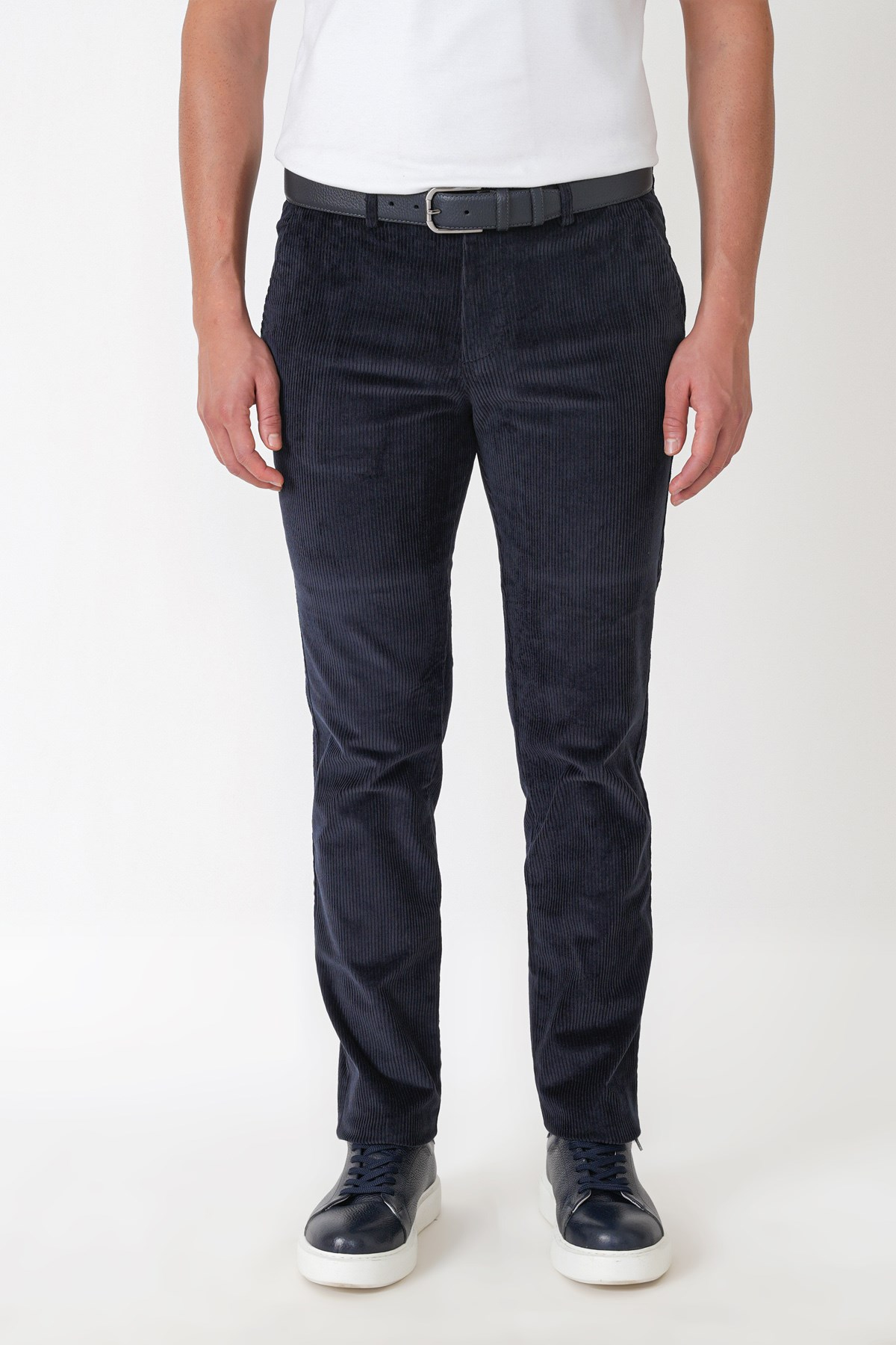 Comfort Fit Yan Cepli Dikine Fitilli Esnek Lacivert Kadife Pantolon P 1235