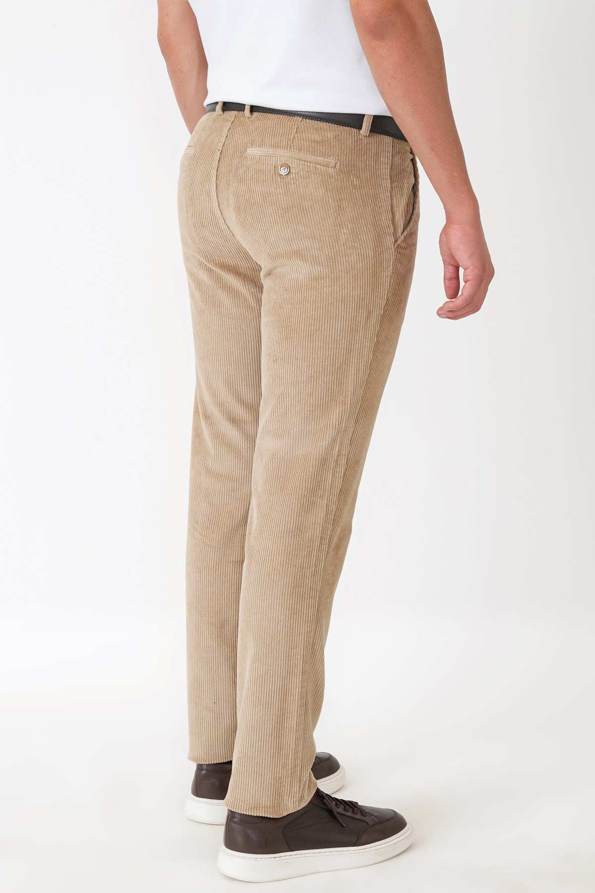 Comfort Fit Yan Cepli Dikine Fitilli Esnek Bej Kadife Pantolon P 1235