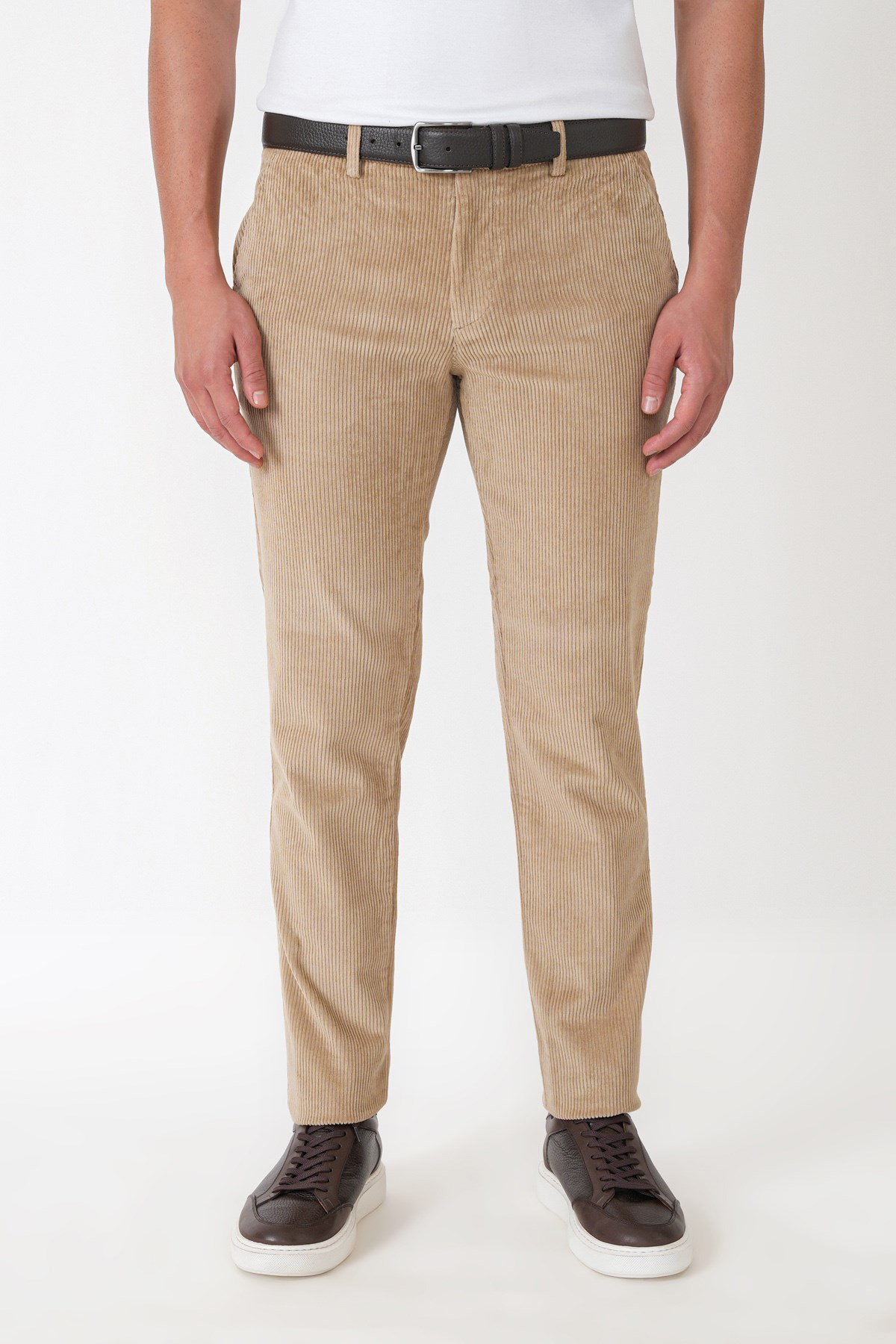Comfort Fit Yan Cepli Dikine Fitilli Esnek Bej Kadife Pantolon P 1235