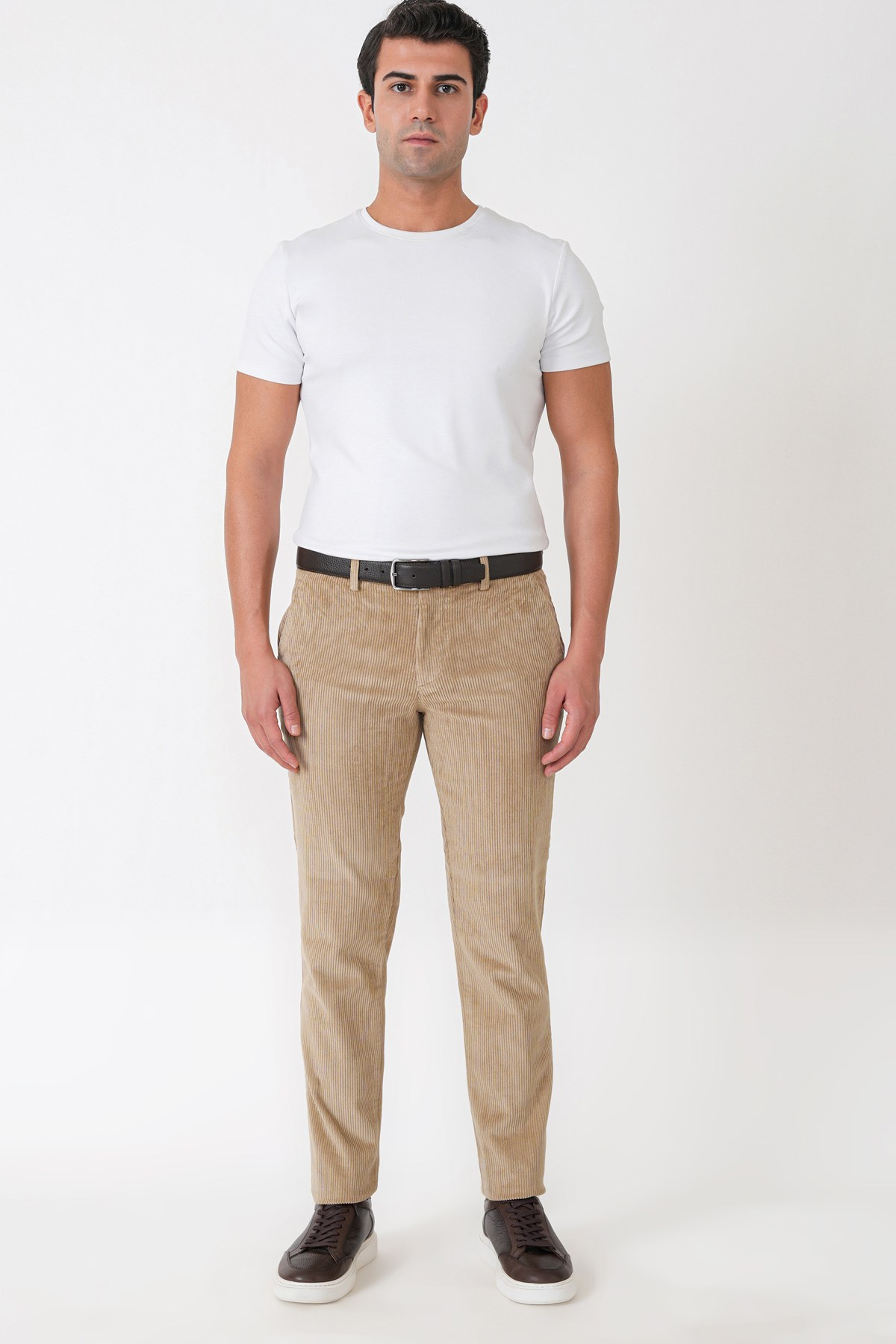 Comfort Fit Yan Cepli Dikine Fitilli Esnek Bej Kadife Pantolon P 1235