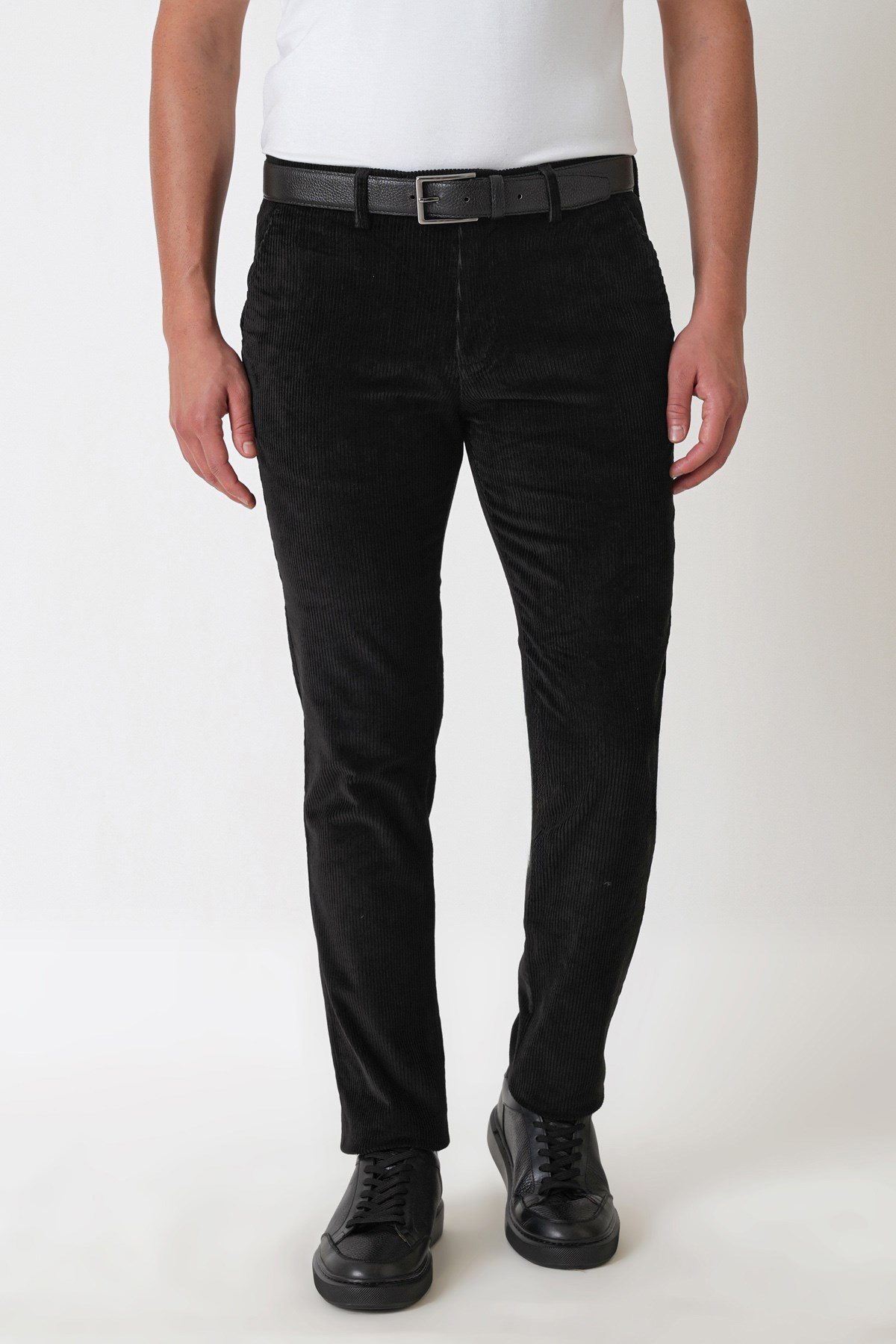 Comfort Fit Yan Cepli Dikine Fitilli Esnek Siyah Kadife Pantolon P 1235