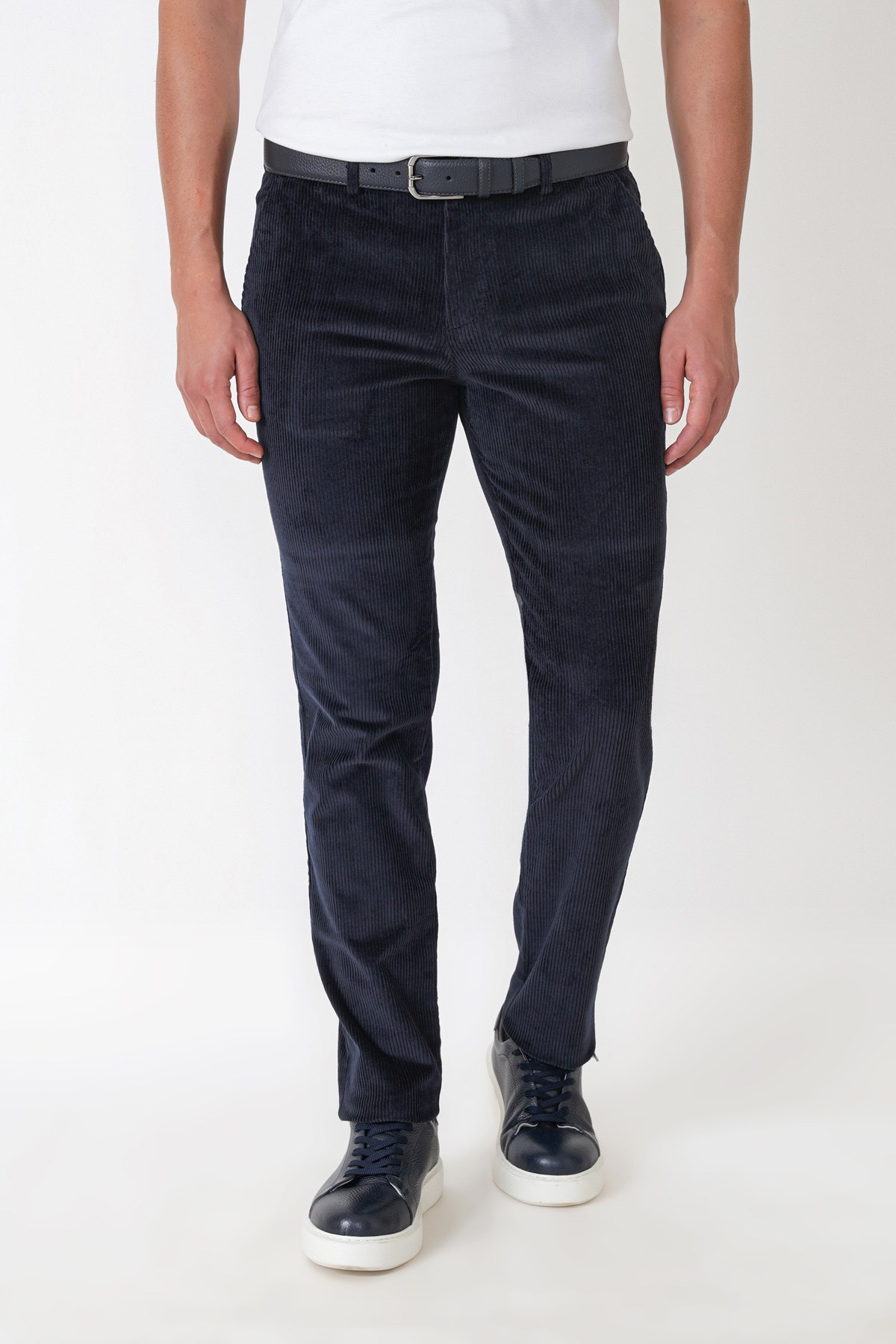 Comfort Fit Yan Cepli Dikine Fitilli Esnek Lacivert Kadife Pantolon P 1235