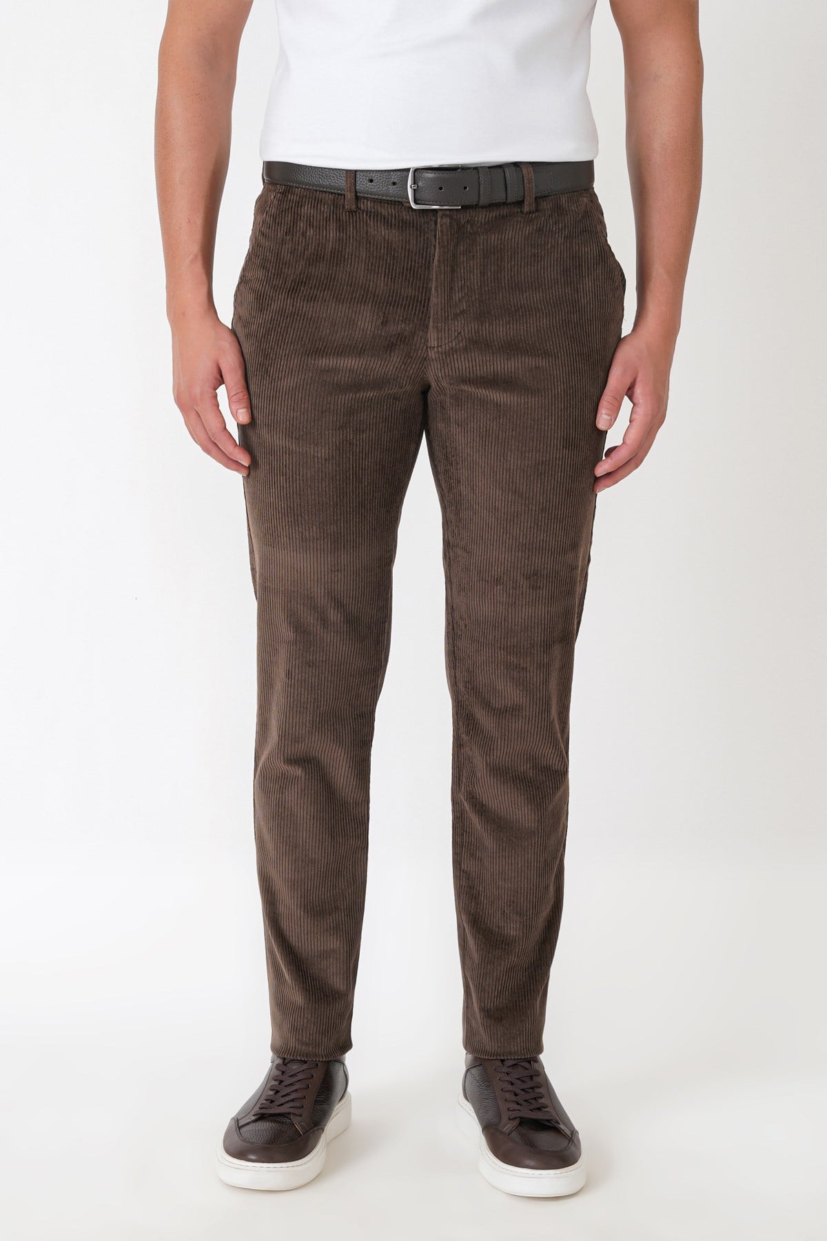 Comfort Fit Yan Cepli Dikine Fitilli Esnek Kahverengi Kadife Pantolon P 1235