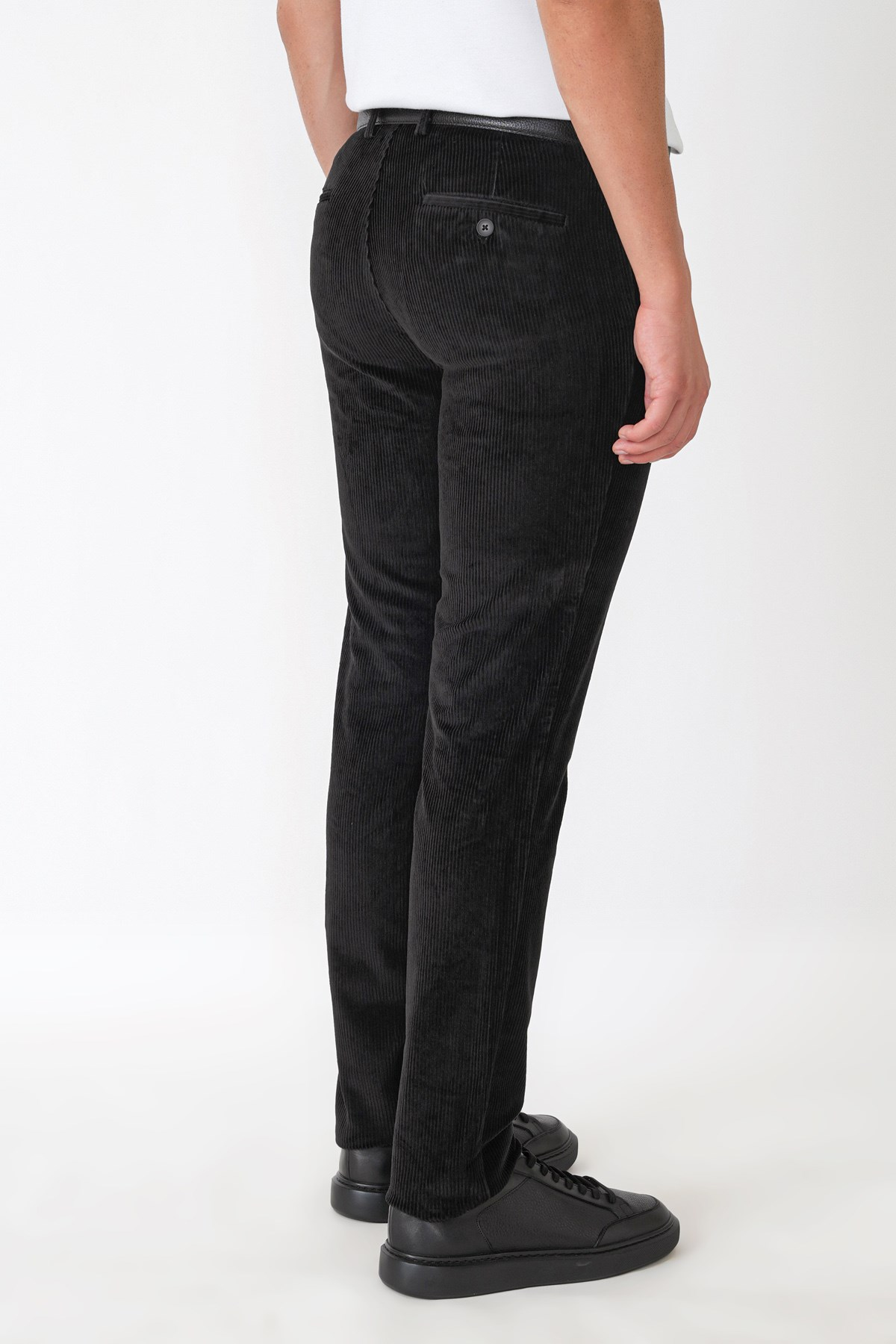 Comfort Fit Yan Cepli Dikine Fitilli Esnek Siyah Kadife Pantolon P 1235