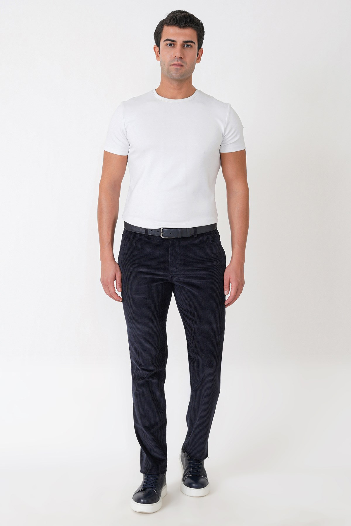 Comfort Fit Yan Cepli Dikine Fitilli Esnek Lacivert Kadife Pantolon P 1235