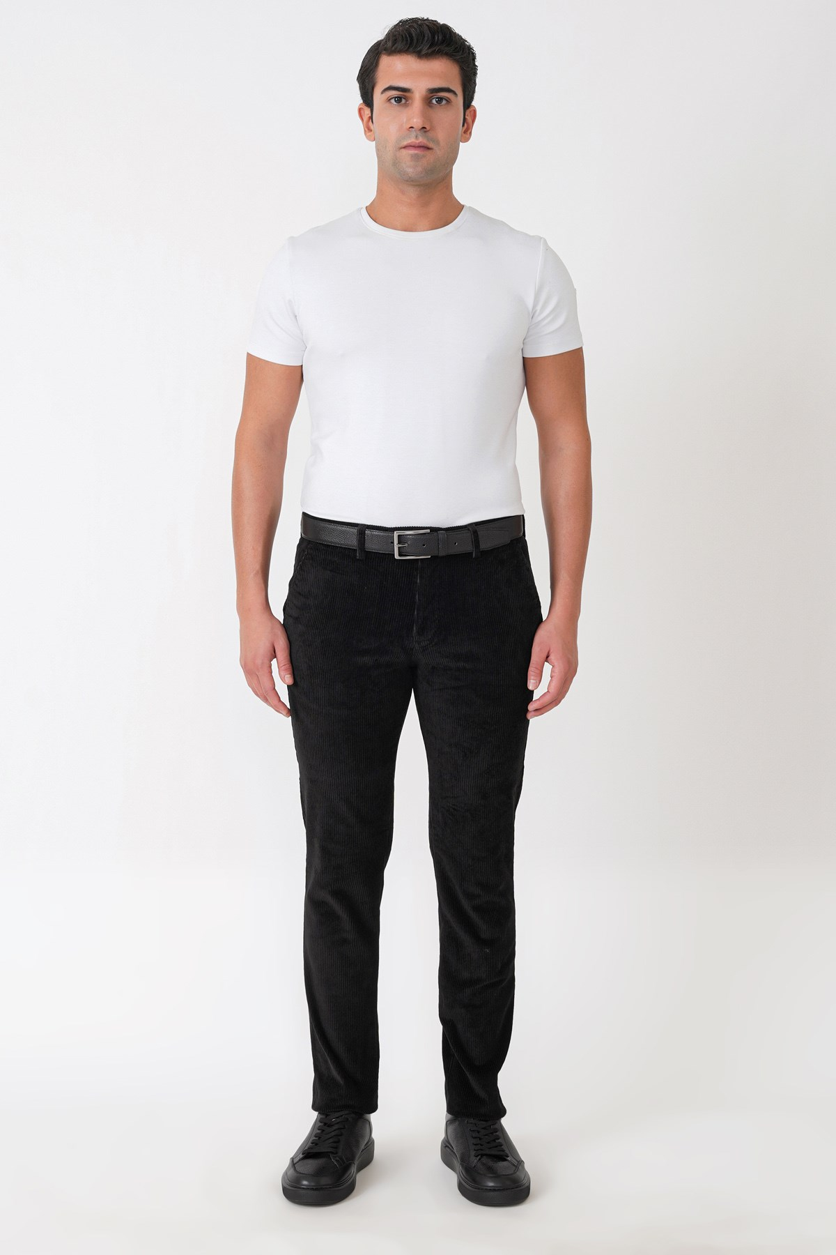 Comfort Fit Yan Cepli Dikine Fitilli Esnek Siyah Kadife Pantolon P 1235