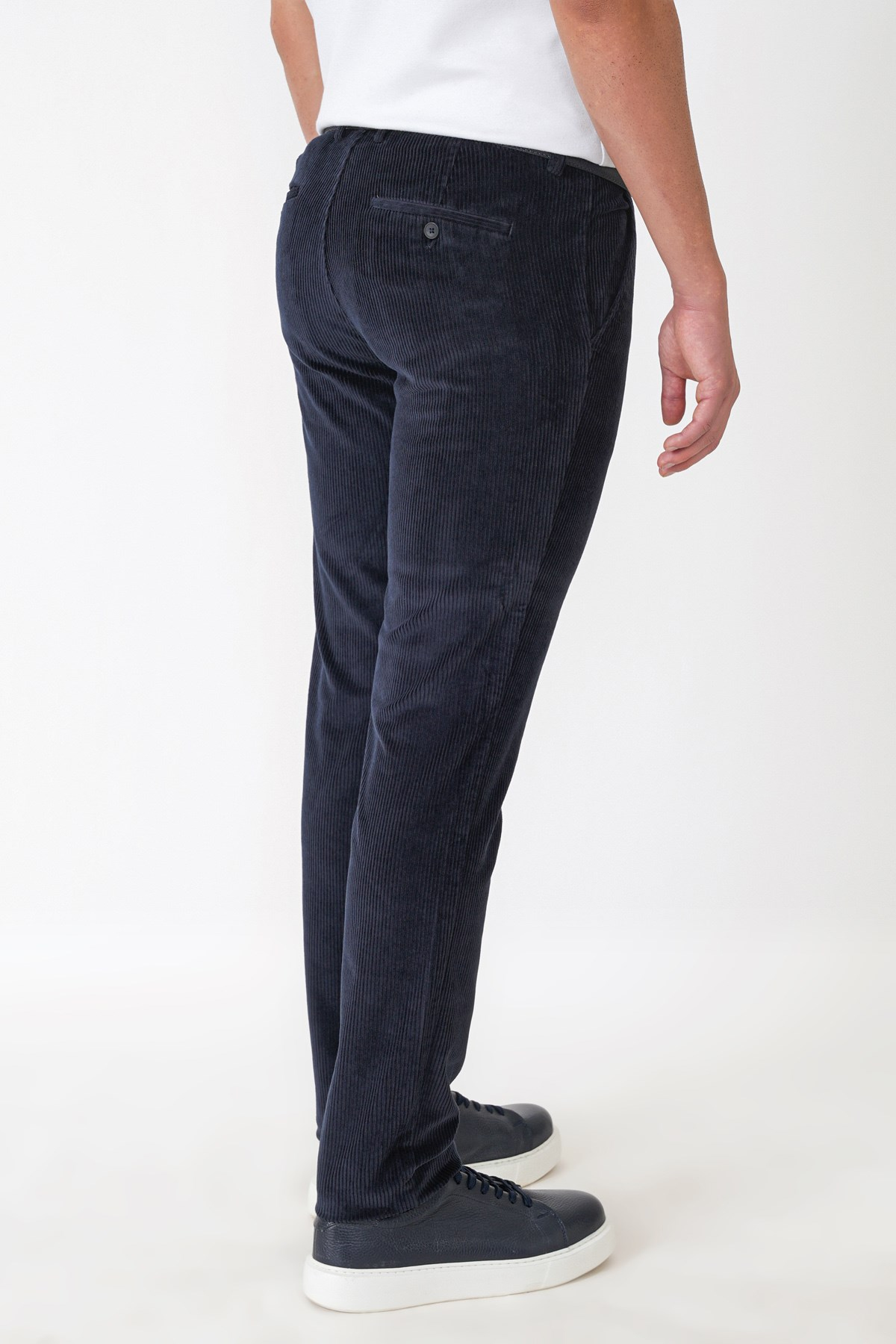 Comfort Fit Yan Cepli Dikine Fitilli Esnek Lacivert Kadife Pantolon P 1235