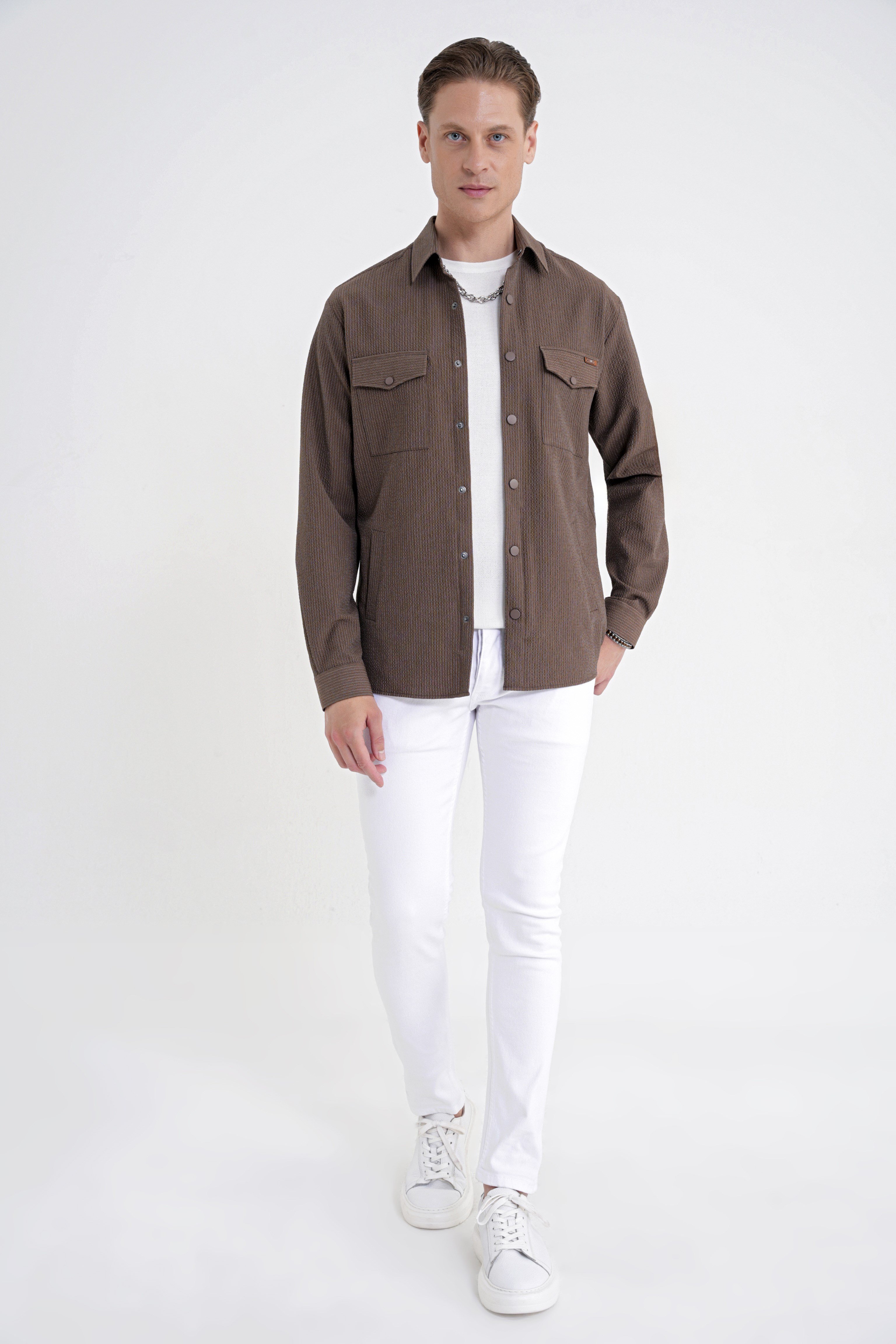 Comfort Fit Yan Cepli Esnek İnce Çizgili Camel Gömlek Ceket G 1608