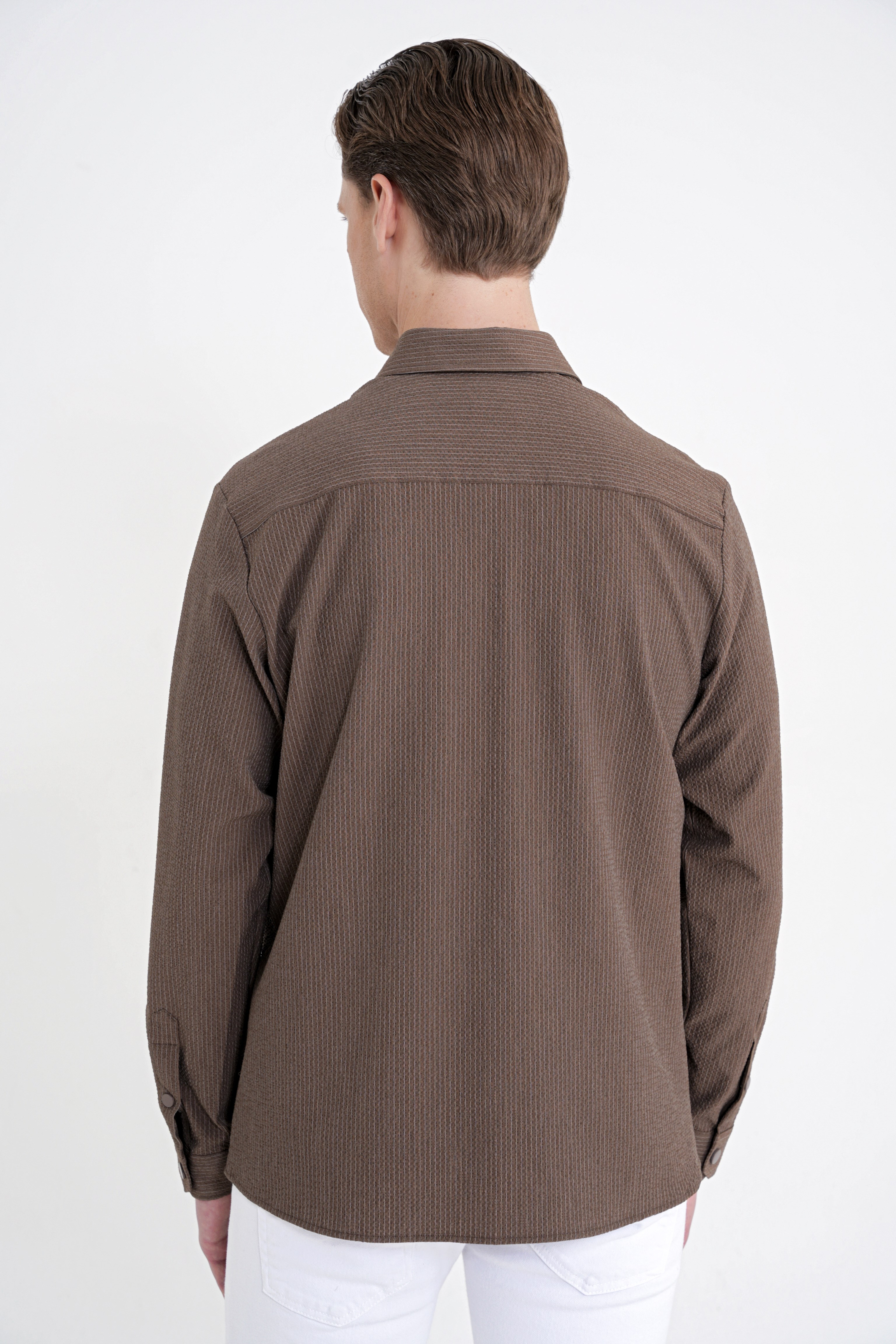 Comfort Fit Yan Cepli Esnek İnce Çizgili Camel Gömlek Ceket G 1608