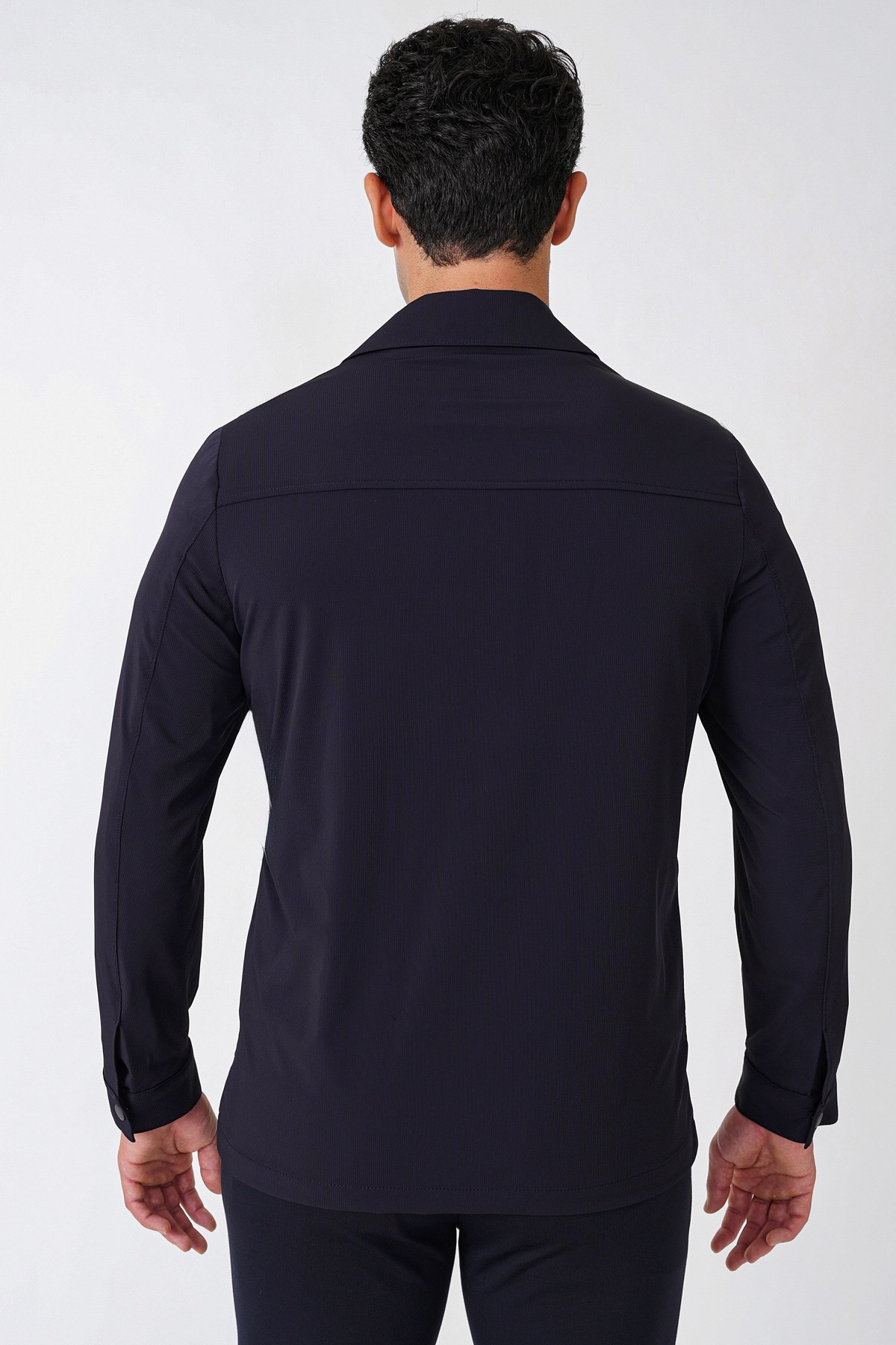 Comfort Fit Yan Cepli Esnek Pamuklu Çıtçıtlı Lacivert Gömlek Ceket C 736 