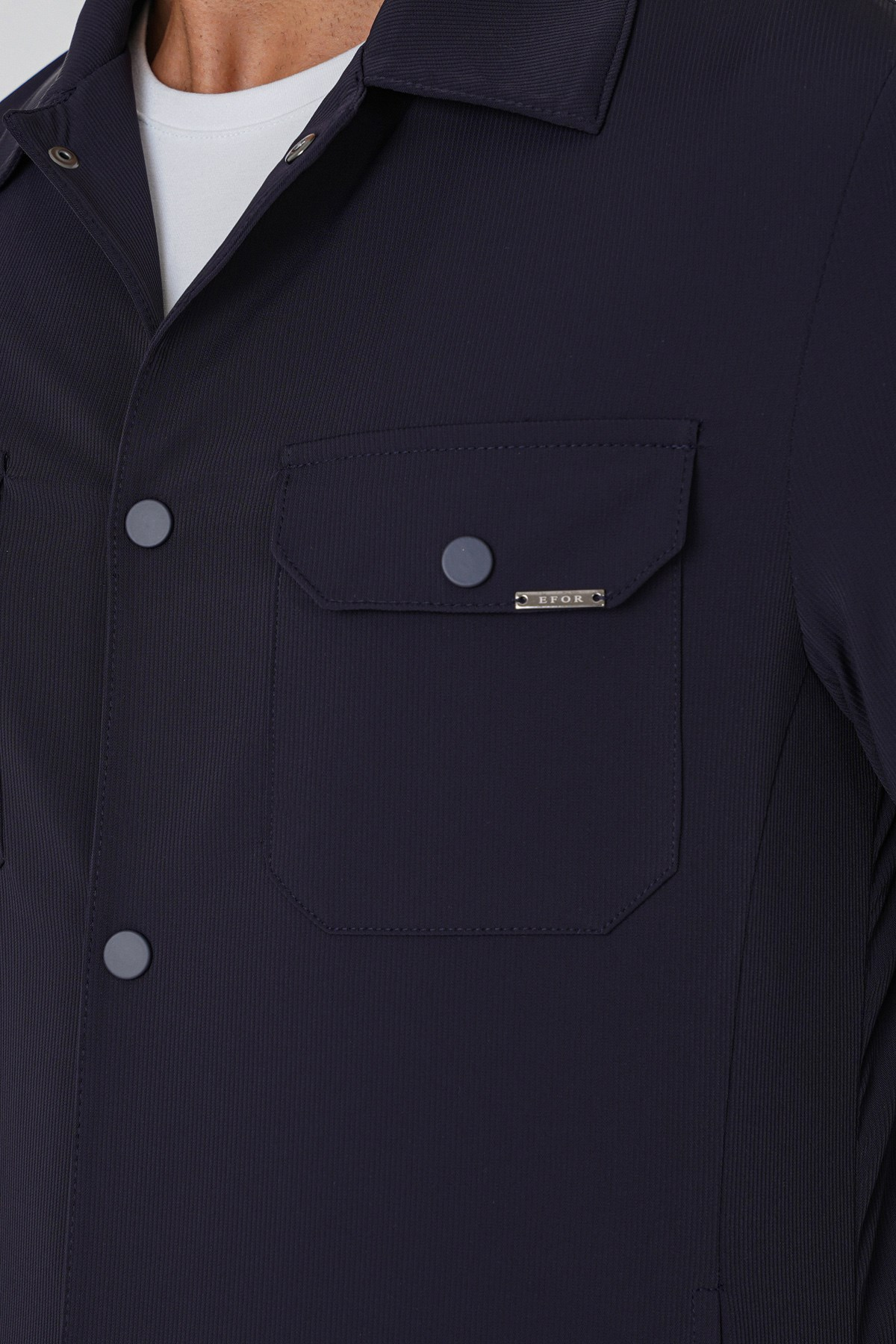 Comfort Fit Yan Cepli Esnek Pamuklu Çıtçıtlı Lacivert Gömlek Ceket C 736 