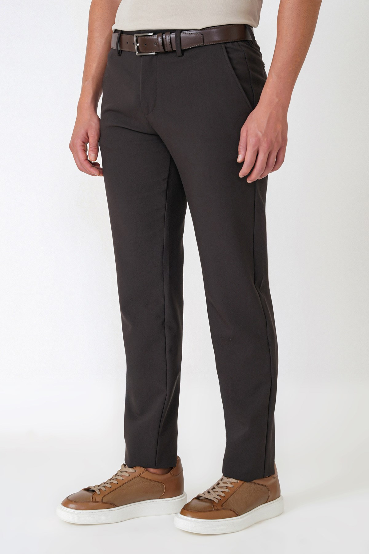 Comfort Fit Yan Cepli Esnek Pamuklu Kahverengi Pantolon P 1234