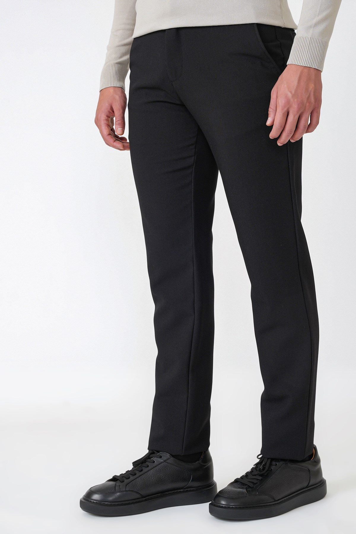 Comfort Fit Yan Cepli Esnek Pamuklu Siyah Pantolon P 1234