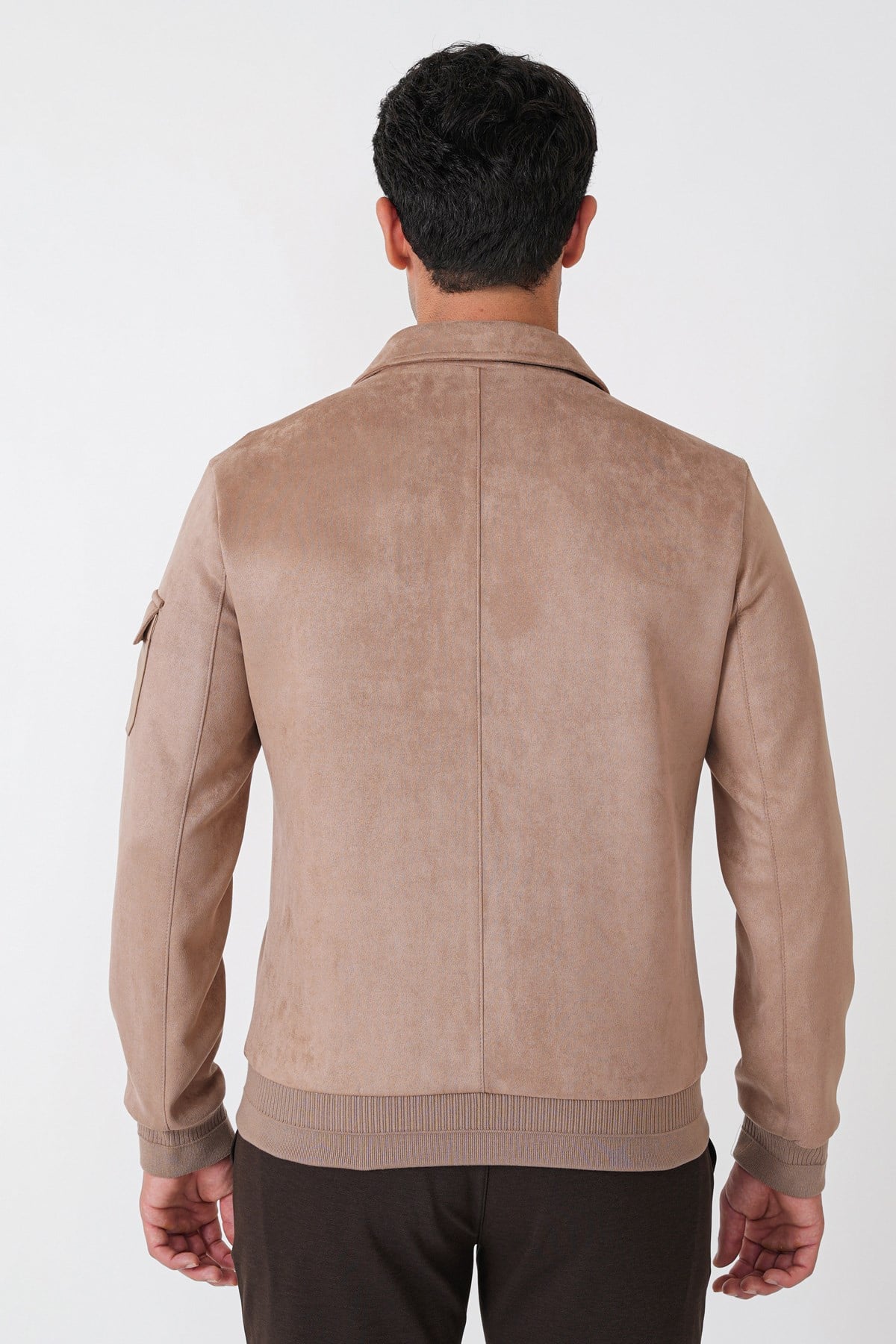 Comfort Fit Yandan Cepli Kol Etek Ribanalı Vizon Süet Mont MT 182