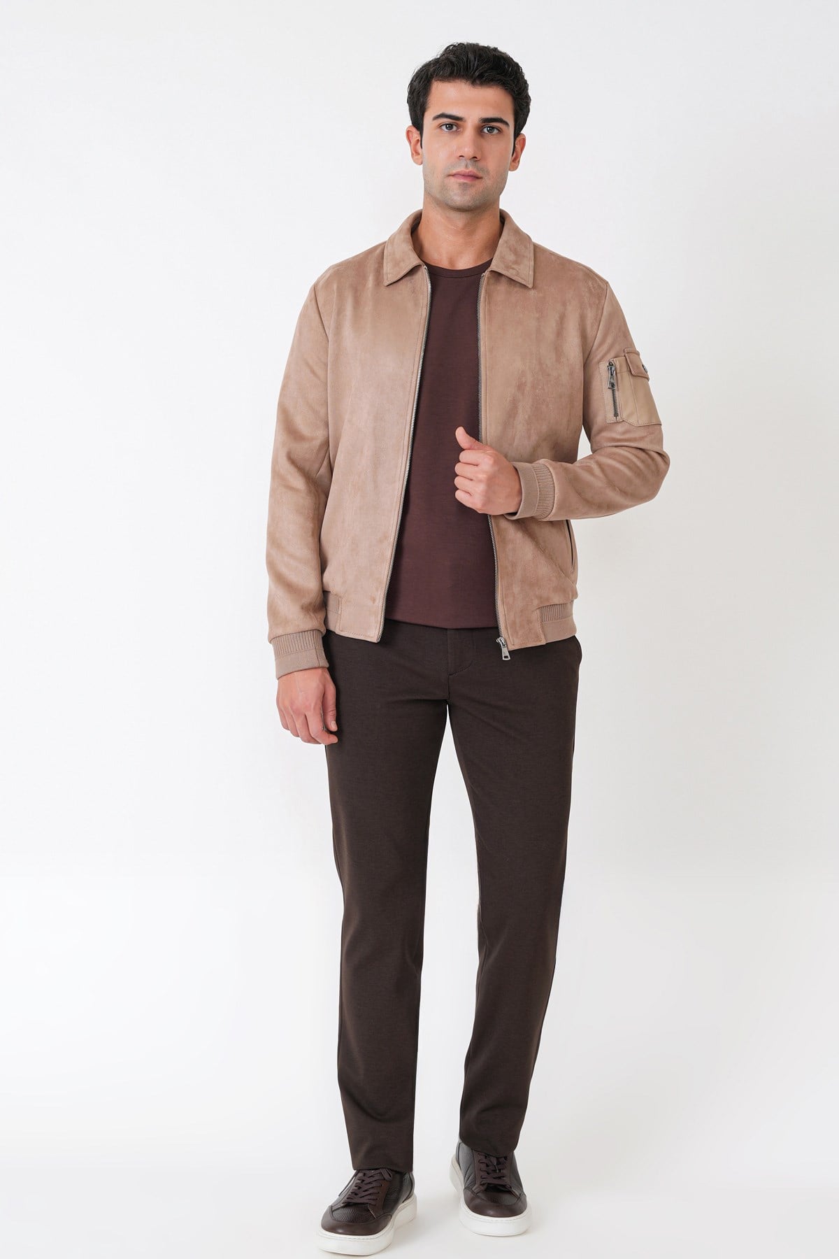 Comfort Fit Yandan Cepli Kol Etek Ribanalı Vizon Süet Mont MT 182
