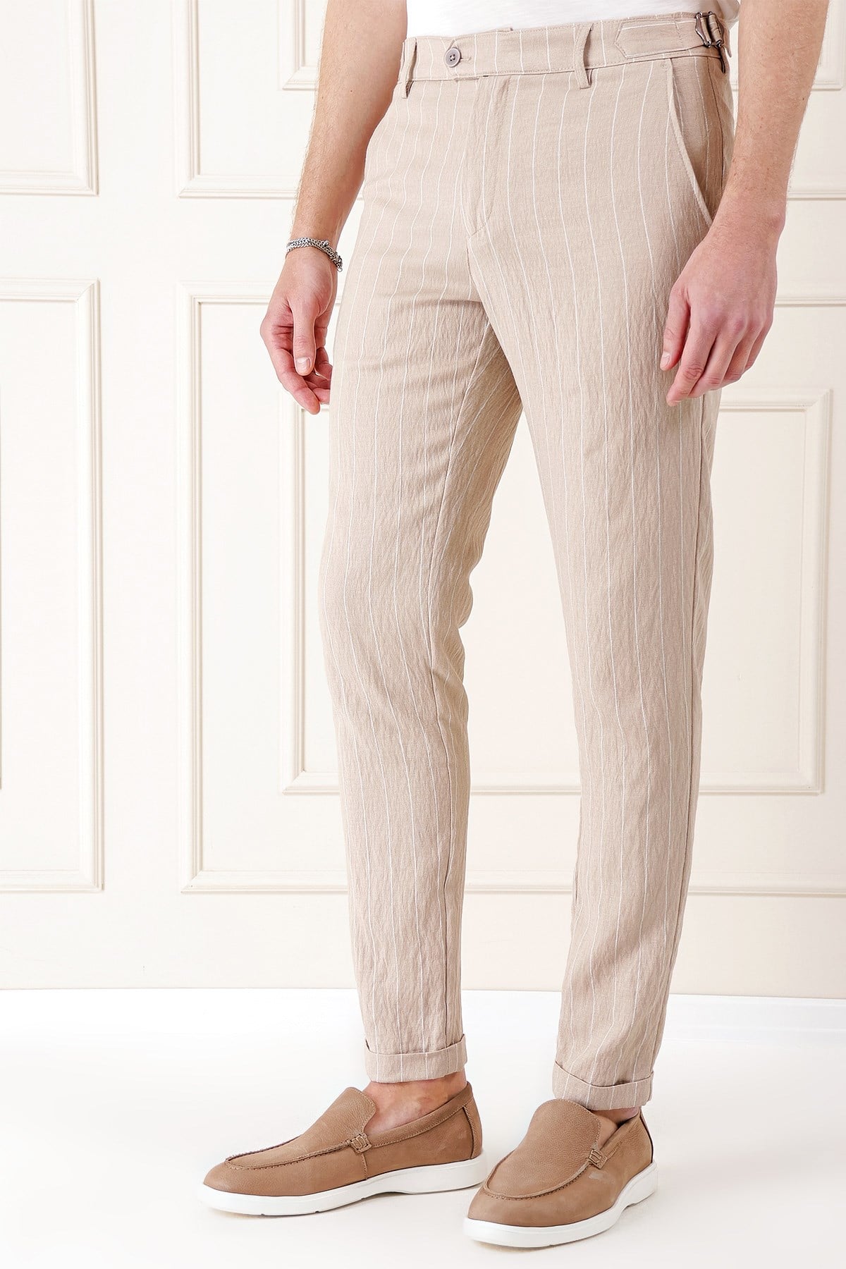 Comfort Fit Yandan Tokalı Çizgili Keten Bej Pantolon P 1151