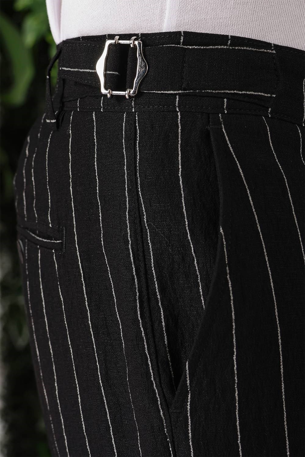 Comfort Fit Yandan Tokalı Çizgili Keten Siyah Pantolon P 1151