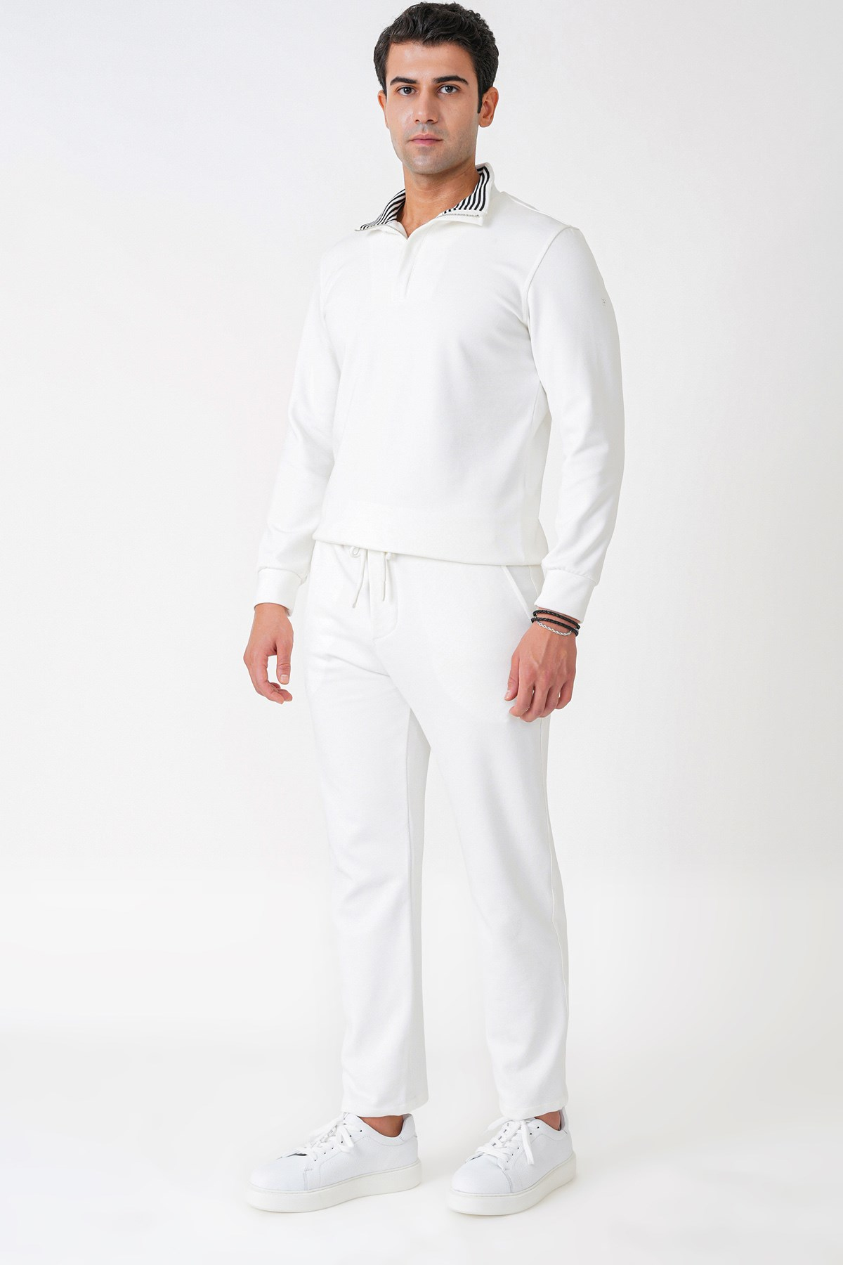 Comfort Kalıp Beli Lastikli %100 Pamuk İpli Ekru Beyaz Pantolon P 1237