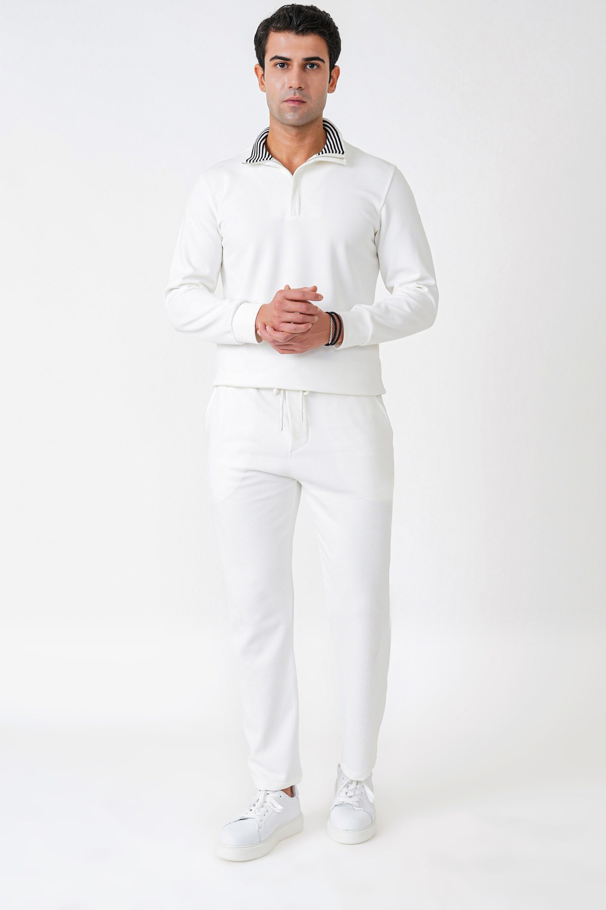 Comfort Kalıp Beli Lastikli %100 Pamuk İpli Ekru Beyaz Pantolon P 1237