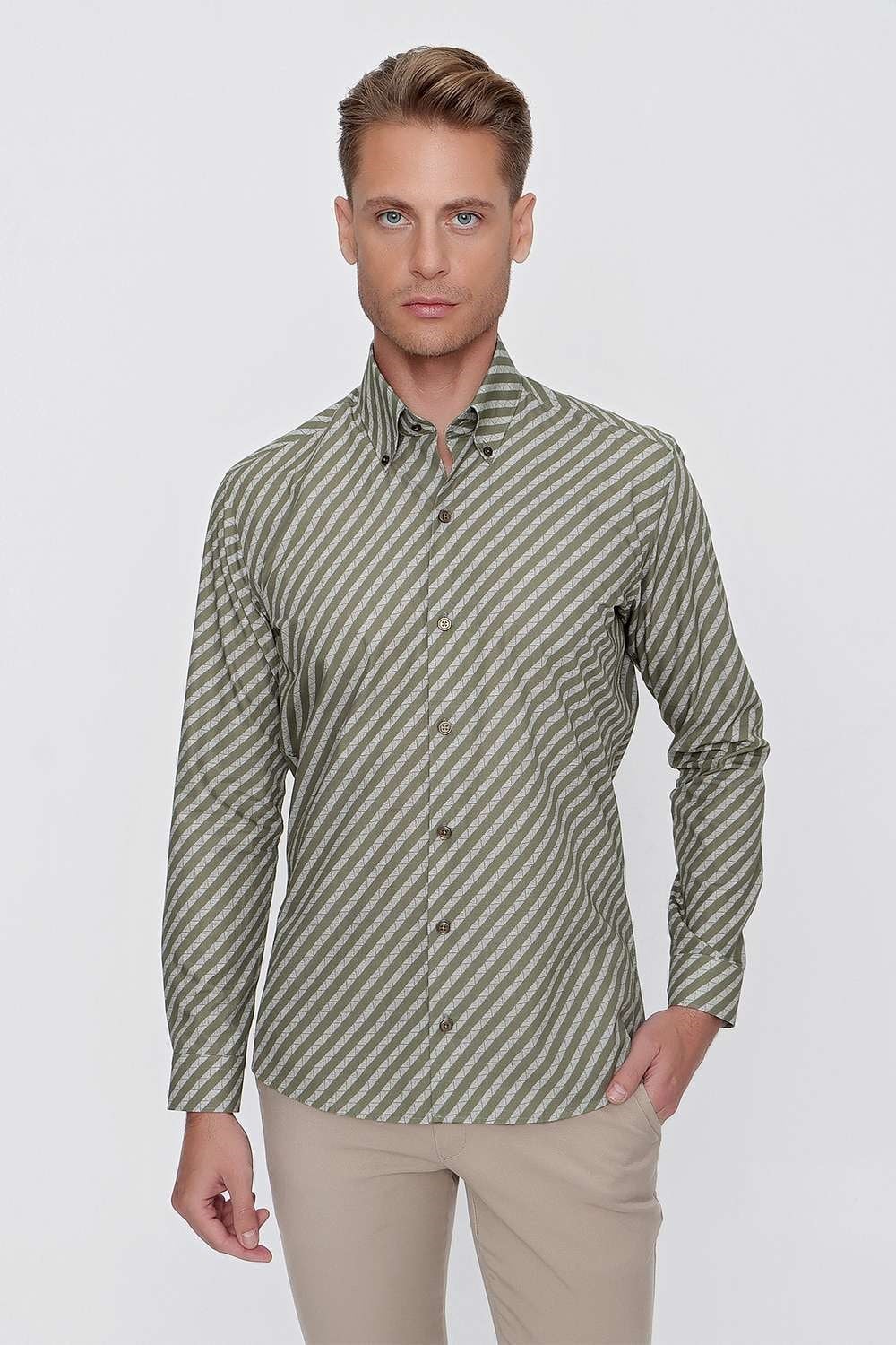 G 1517 Slim Fit Haki Spor Gömlek