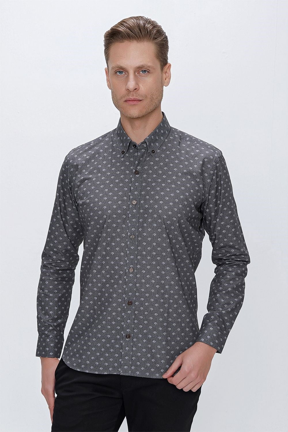 G 1518 Slim Fit Gri Spor Gömlek