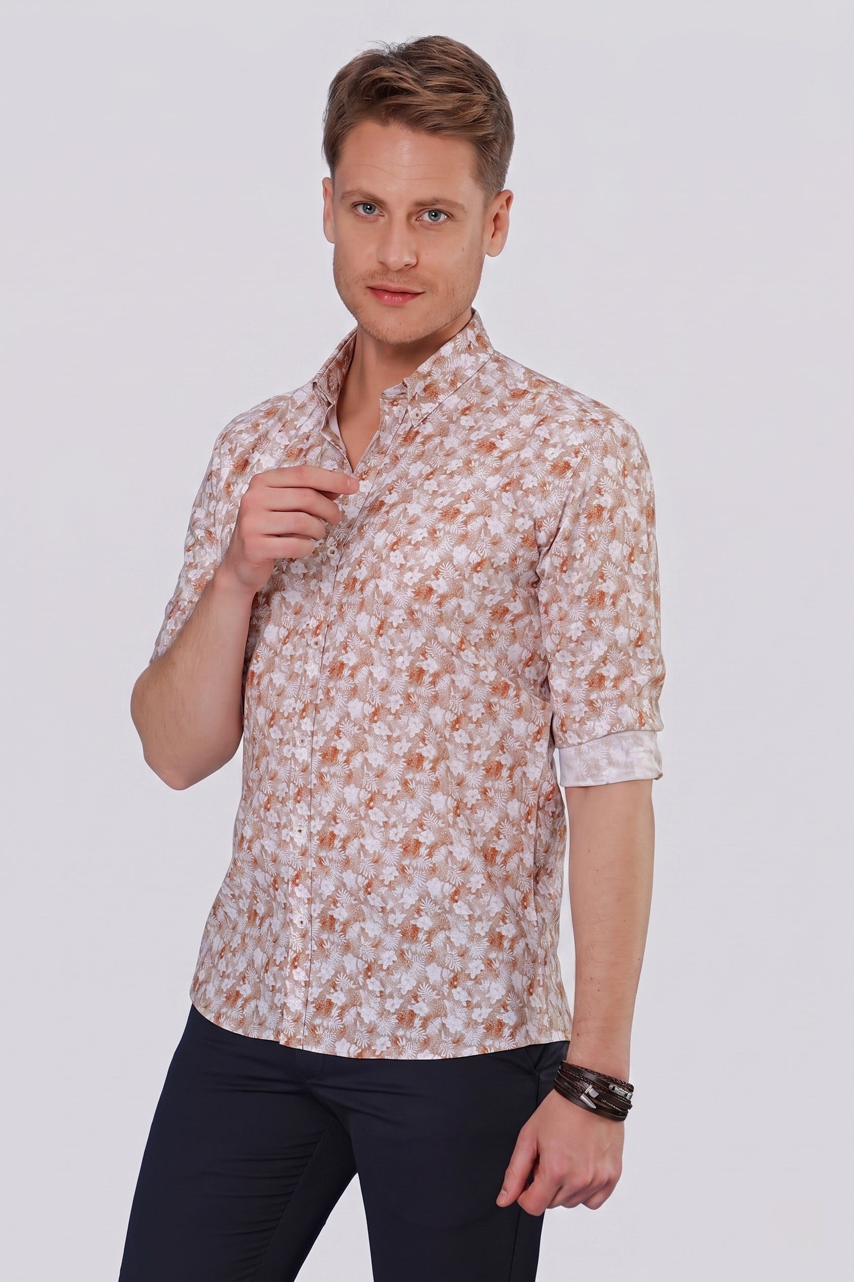 G 1542 Slim Fit Taba Klasik Gömlek
