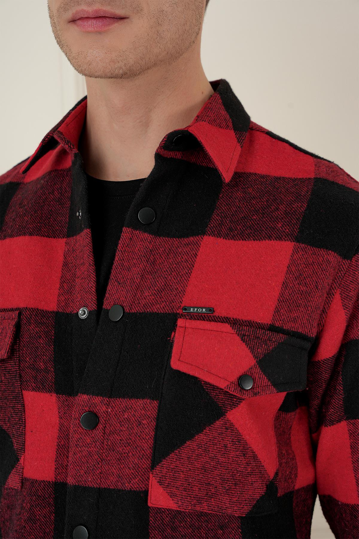 G 1579 Slim Fit Kırmızı-Siyah Klasik Gömlek