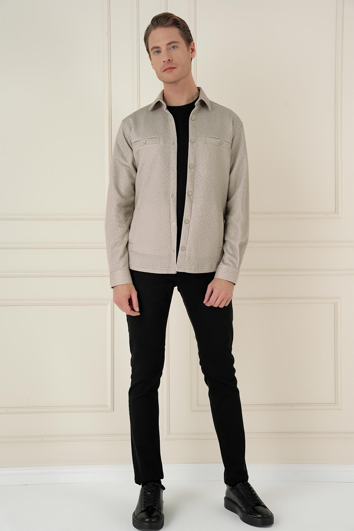 G 1581 Slim Fit Bej Klasik Gömlek