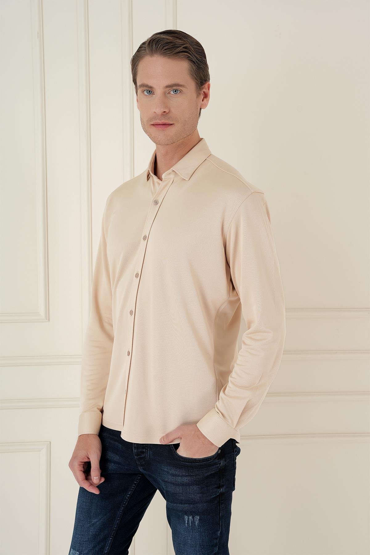 G 1583 Slim Fit Bej Klasik Gömlek