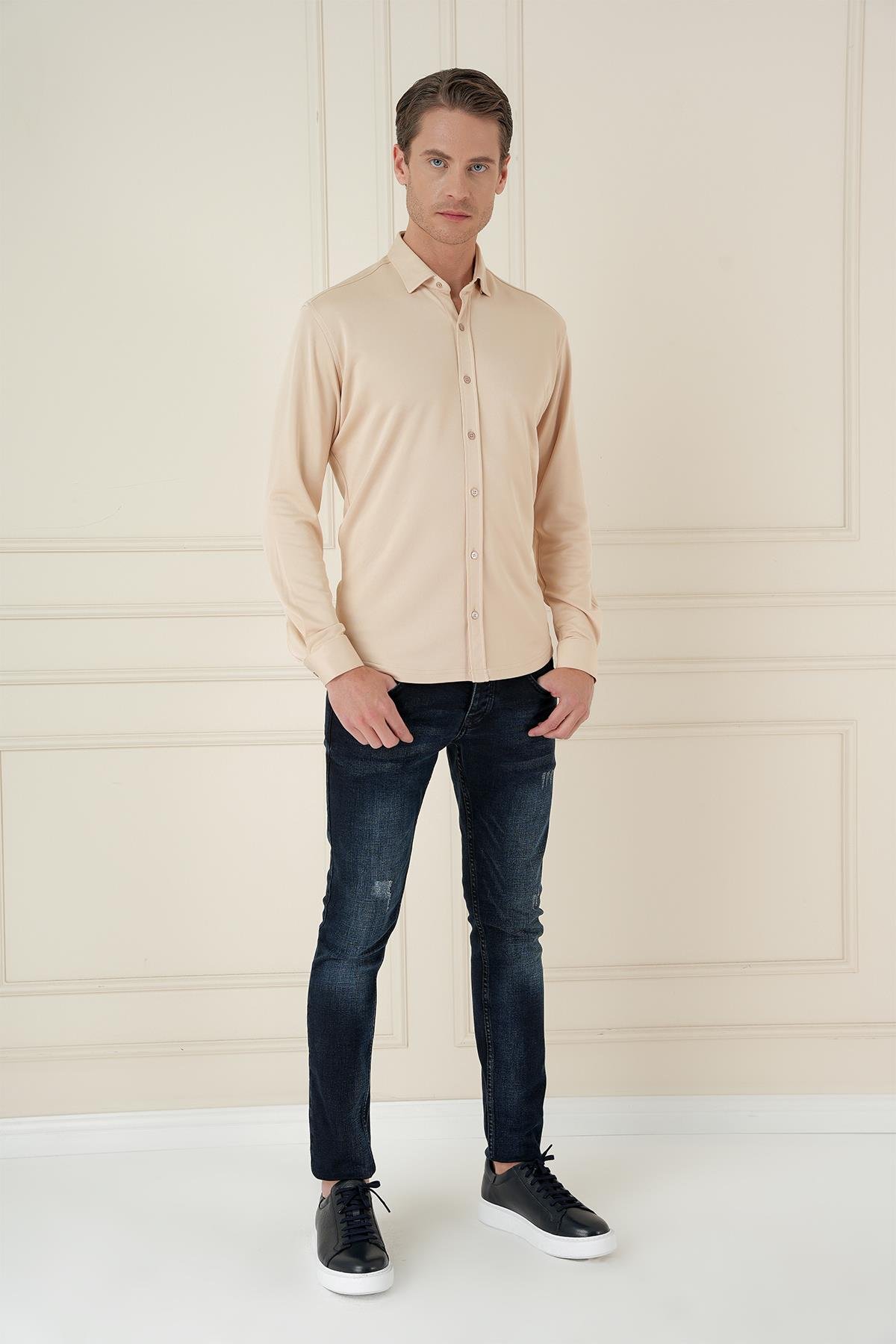 G 1583 Slim Fit Bej Klasik Gömlek