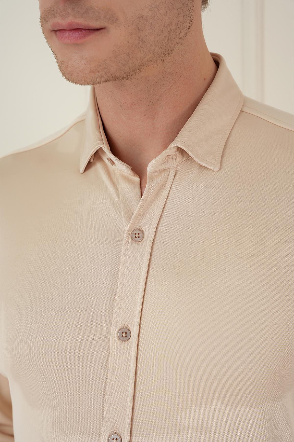 G 1583 Slim Fit Bej Klasik Gömlek