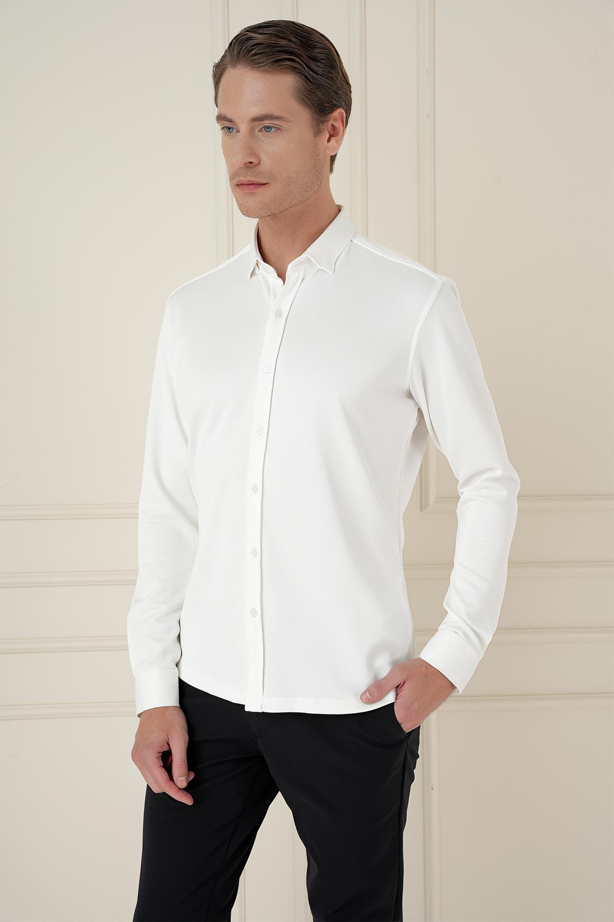 G 1583 Slim Fit Ekru Klasik Gömlek