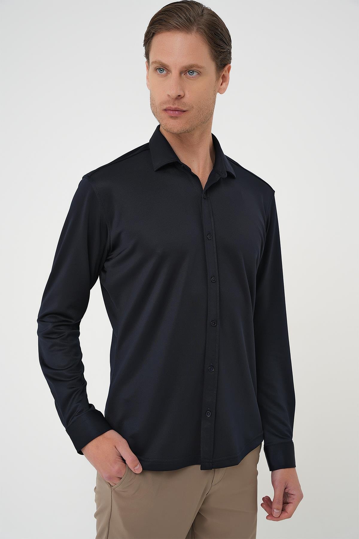 G 1583 Slim Fit Lacivert Klasik Gömlek