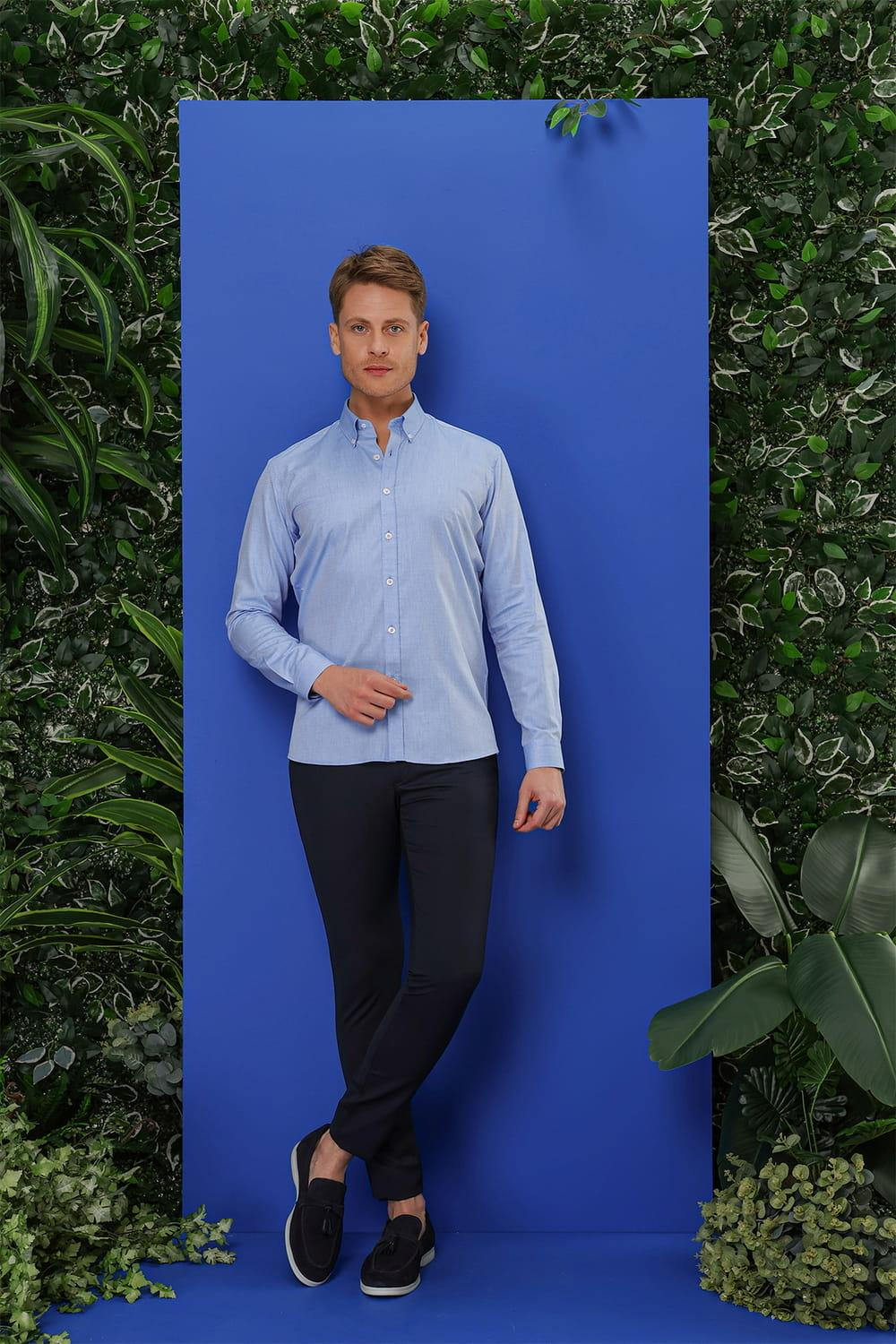 GK 678 Slim Fit Mavi Klasik Gömlek